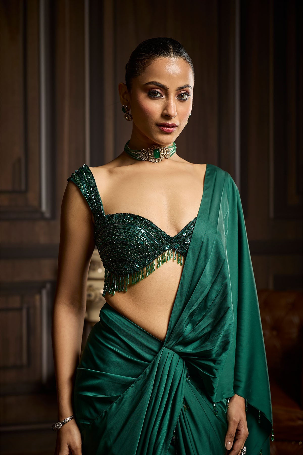Emerald Green Embellished Blouse And Pre-Draped Dhoti Saree Set
