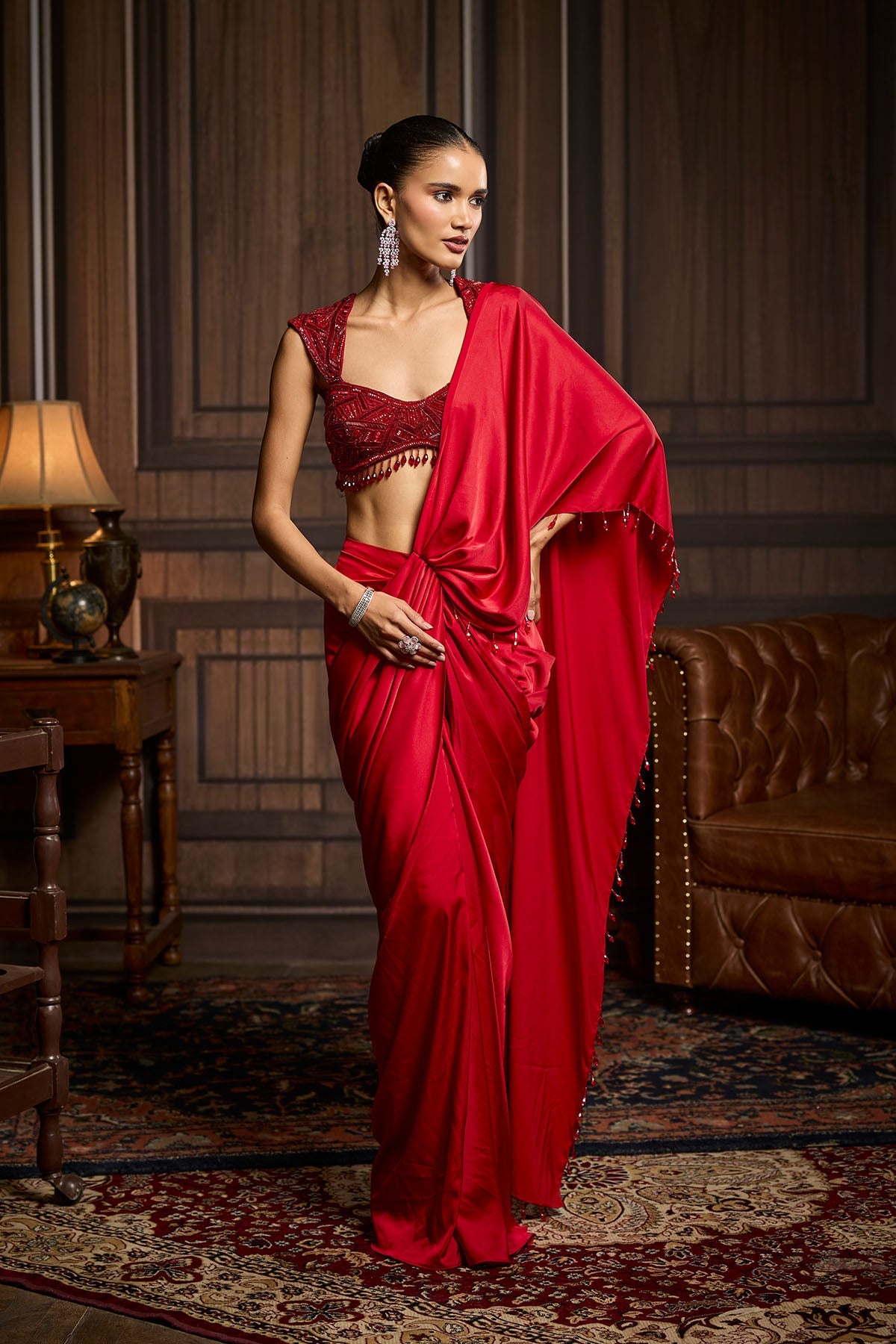 Red Embellished Blouse And Pre-Draped Dhoti Saree Set