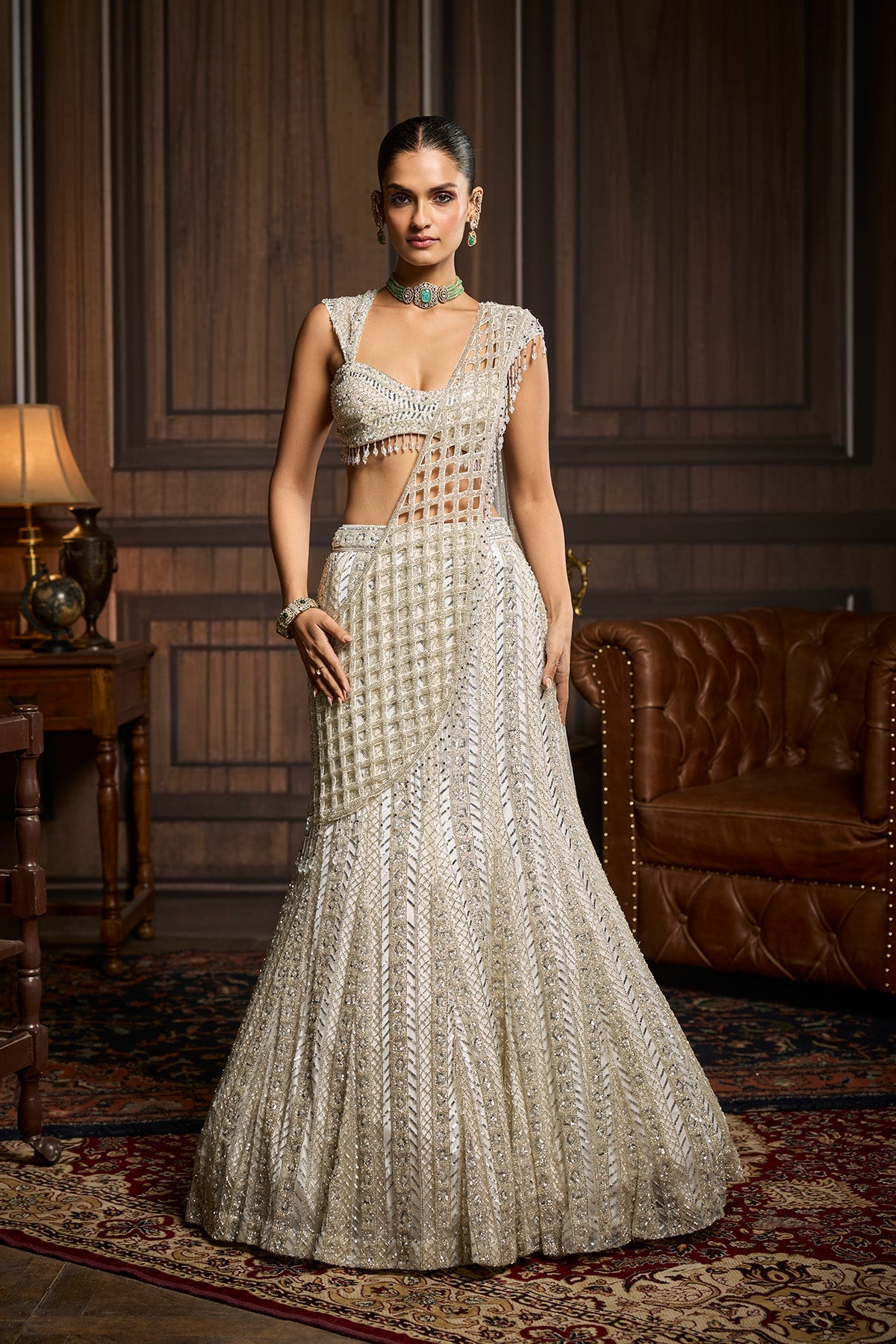 Silver Embellished Mermaid Skirt Saree Set