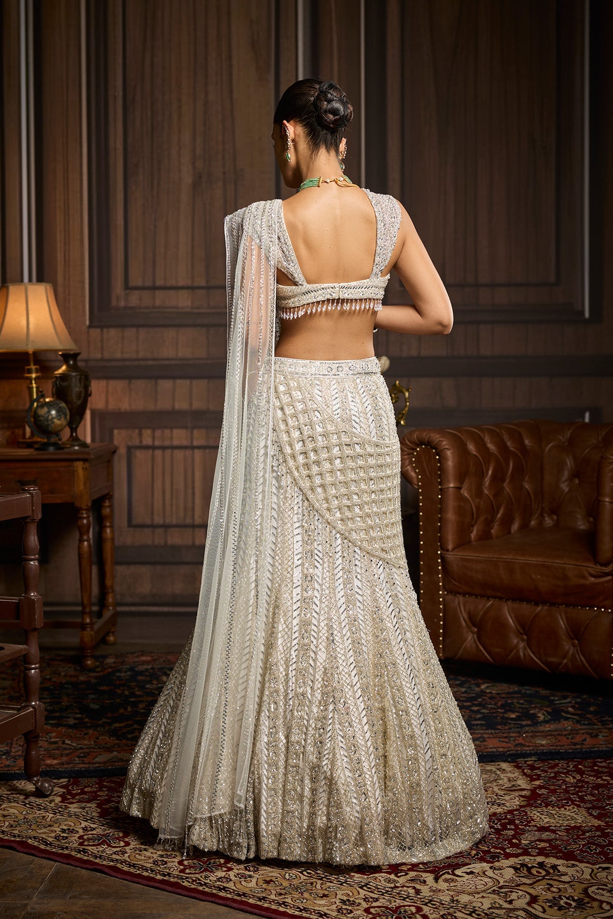 Richa Begani In Silver Embellished Mermaid Skirt Saree Set