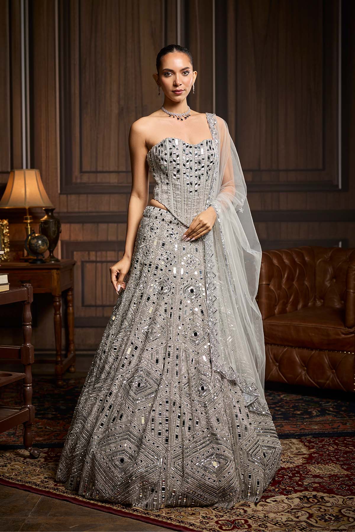 Silver Embellished Mirrorwork Lehenga Set