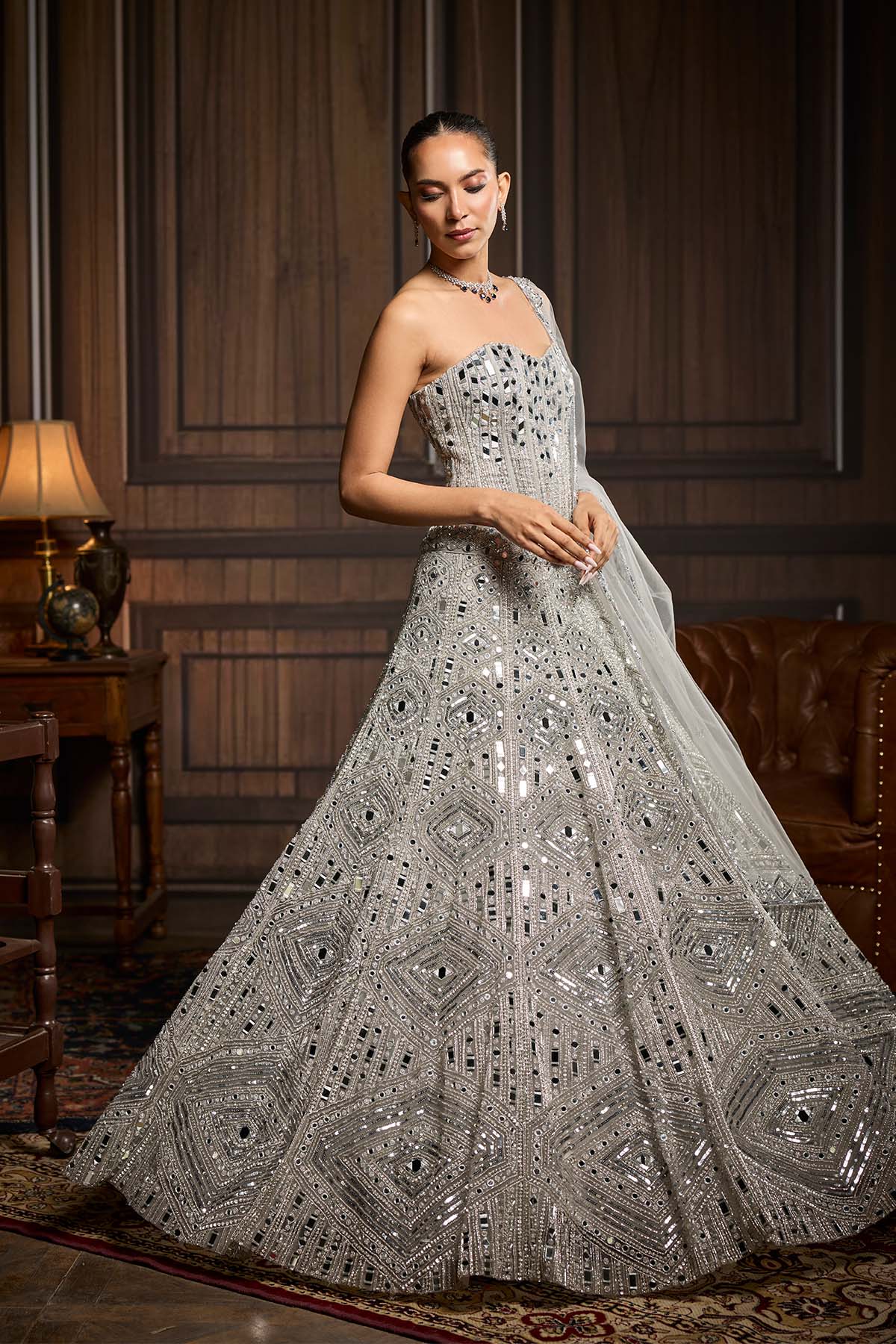 Silver Embellished Mirrorwork Lehenga Set
