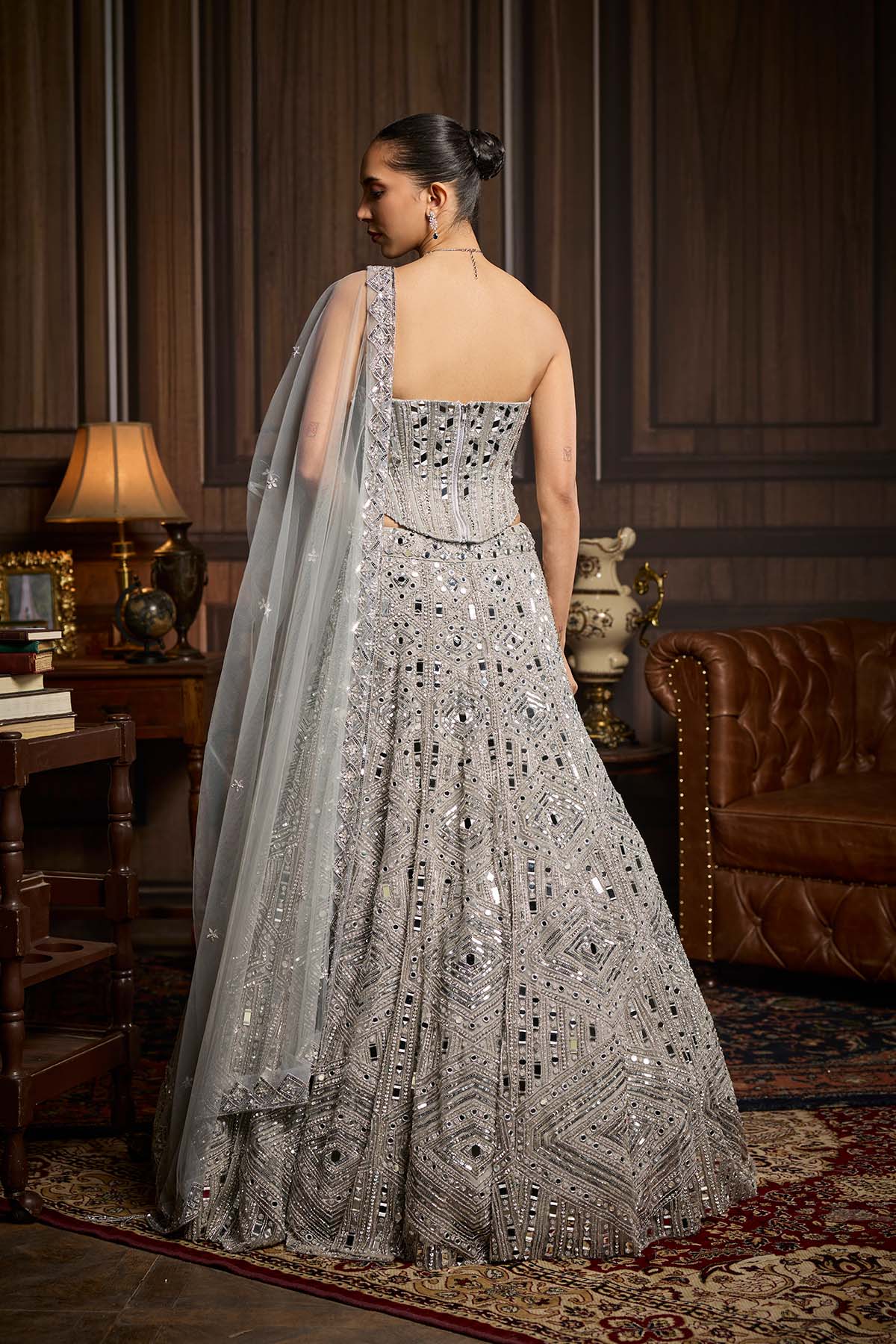 Silver Embellished Mirrorwork Lehenga Set