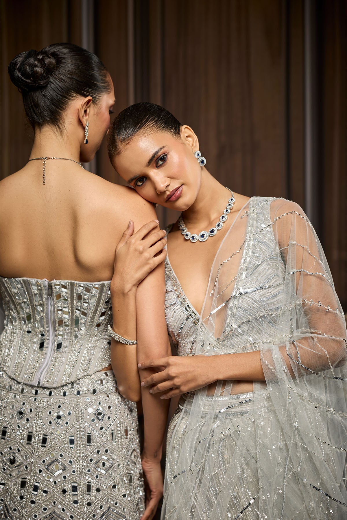 Silver Embellished Pre-Draped Skirt Saree Set