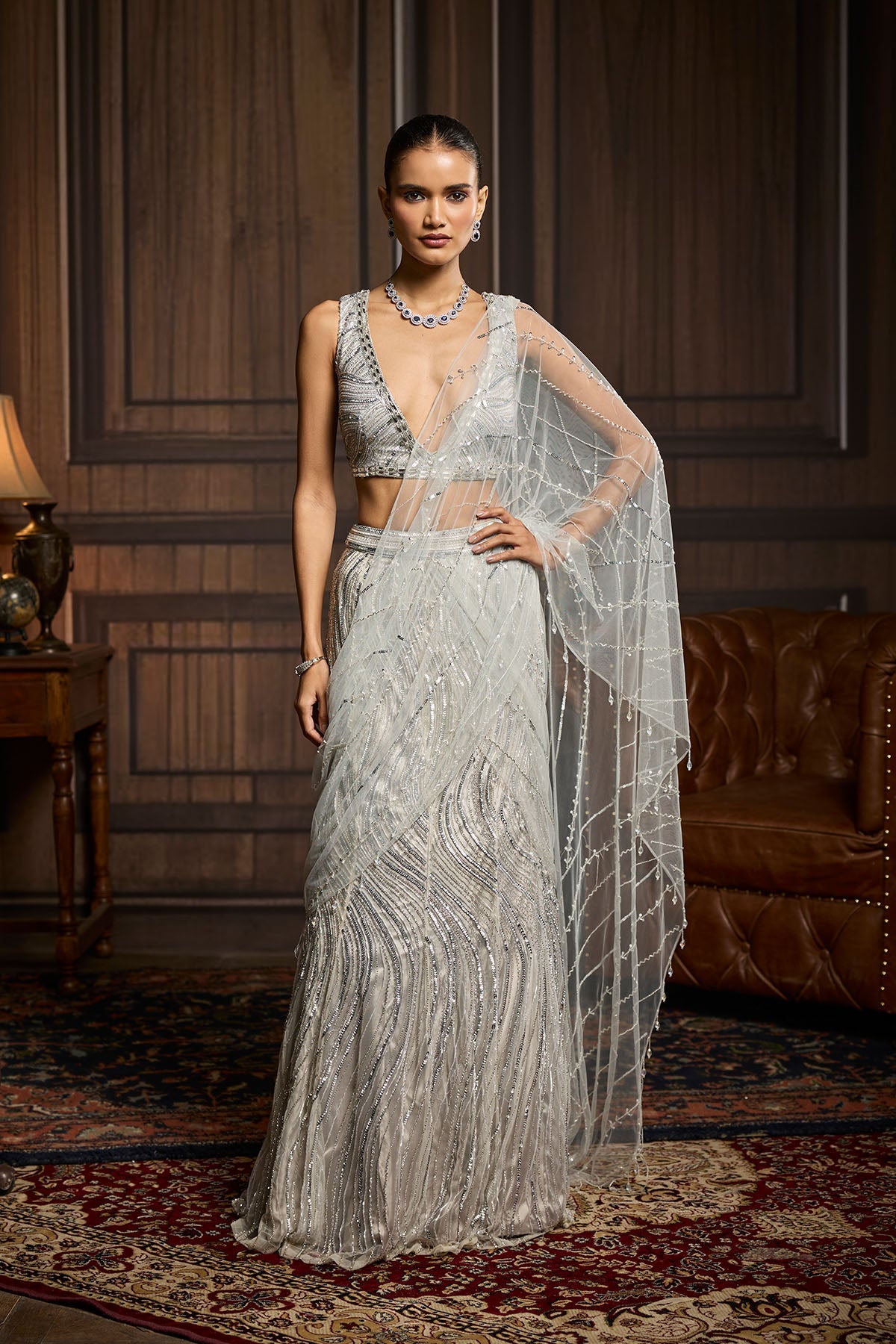 Silver Embellished Pre-Draped Skirt Saree Set