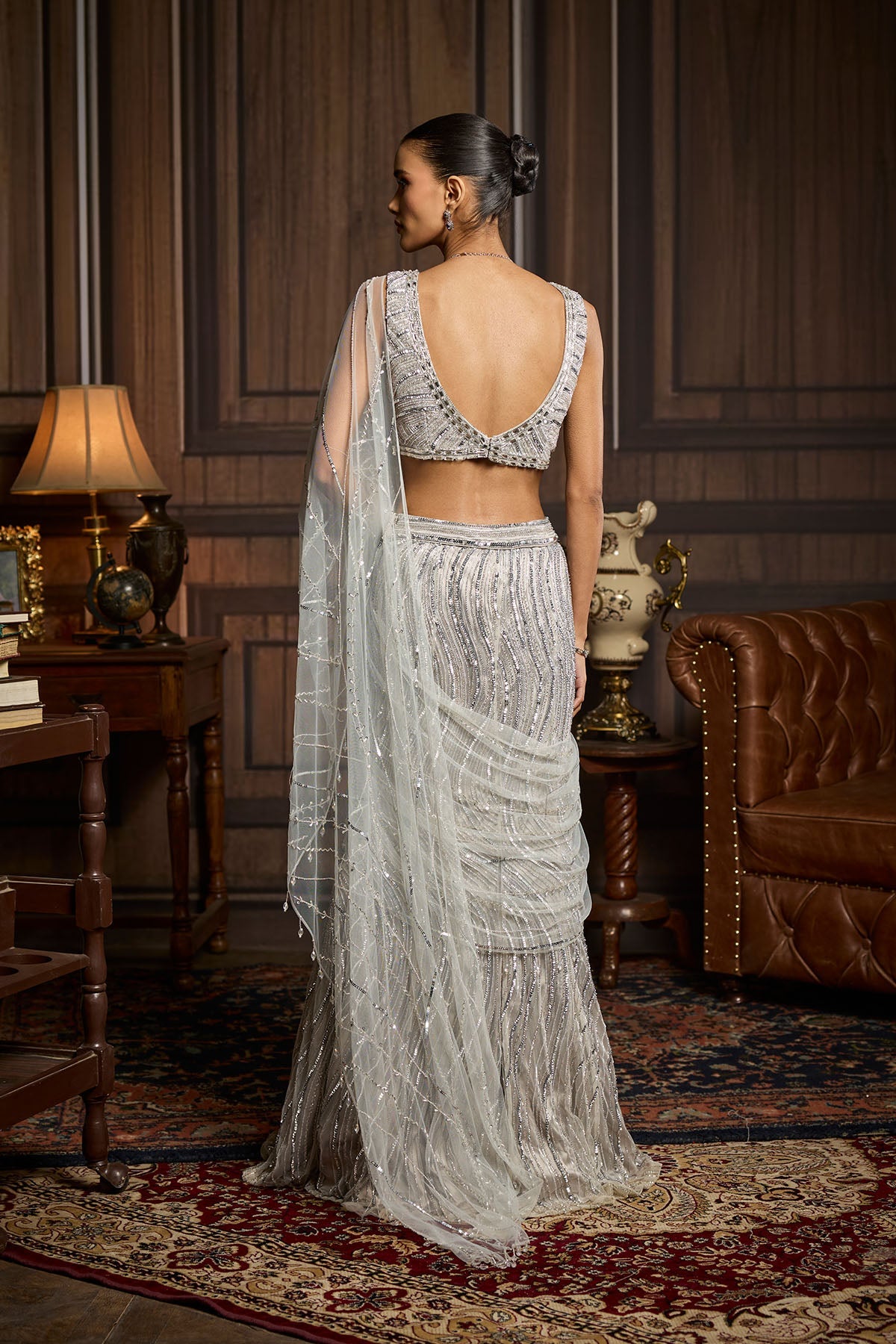 Silver Embellished Pre-Draped Skirt Saree Set
