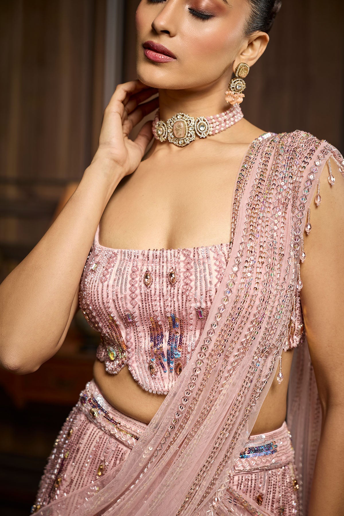 Blush Pink Embellished Pre-Draped Skirt Saree Set