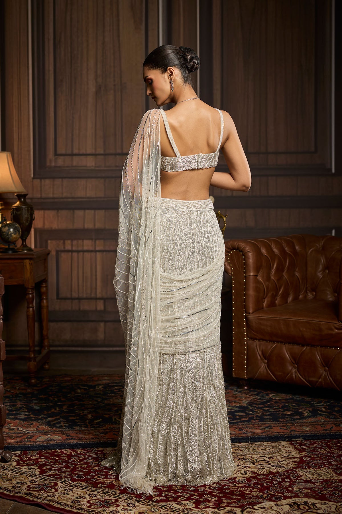 Silver Fully Embellished Pre-Draped Skirt Saree Set