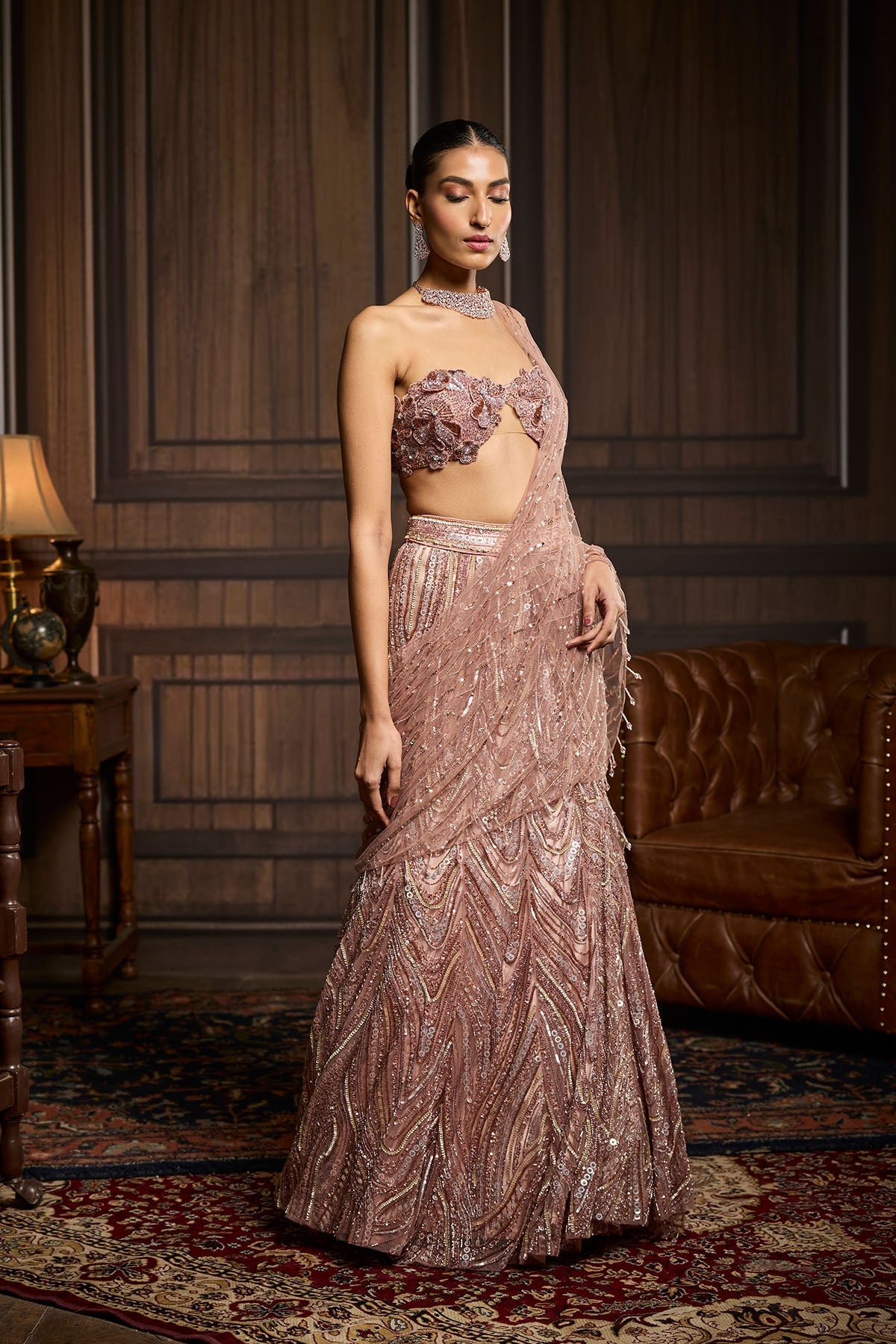 Blush Pink Embellished Pre-Draped Skirt Saree Set