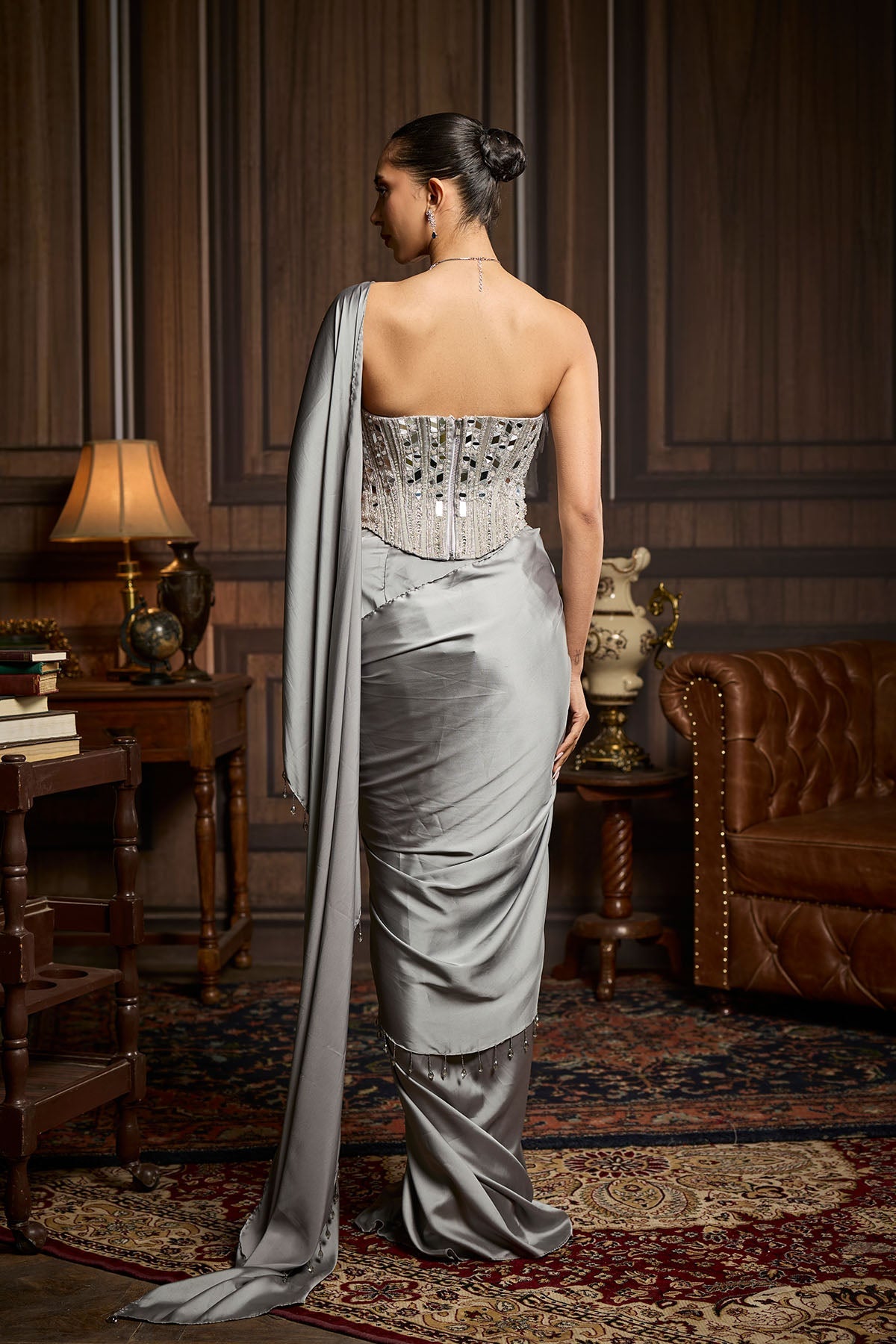 Silver Embellished Blouse And Pre Draped Saree Set