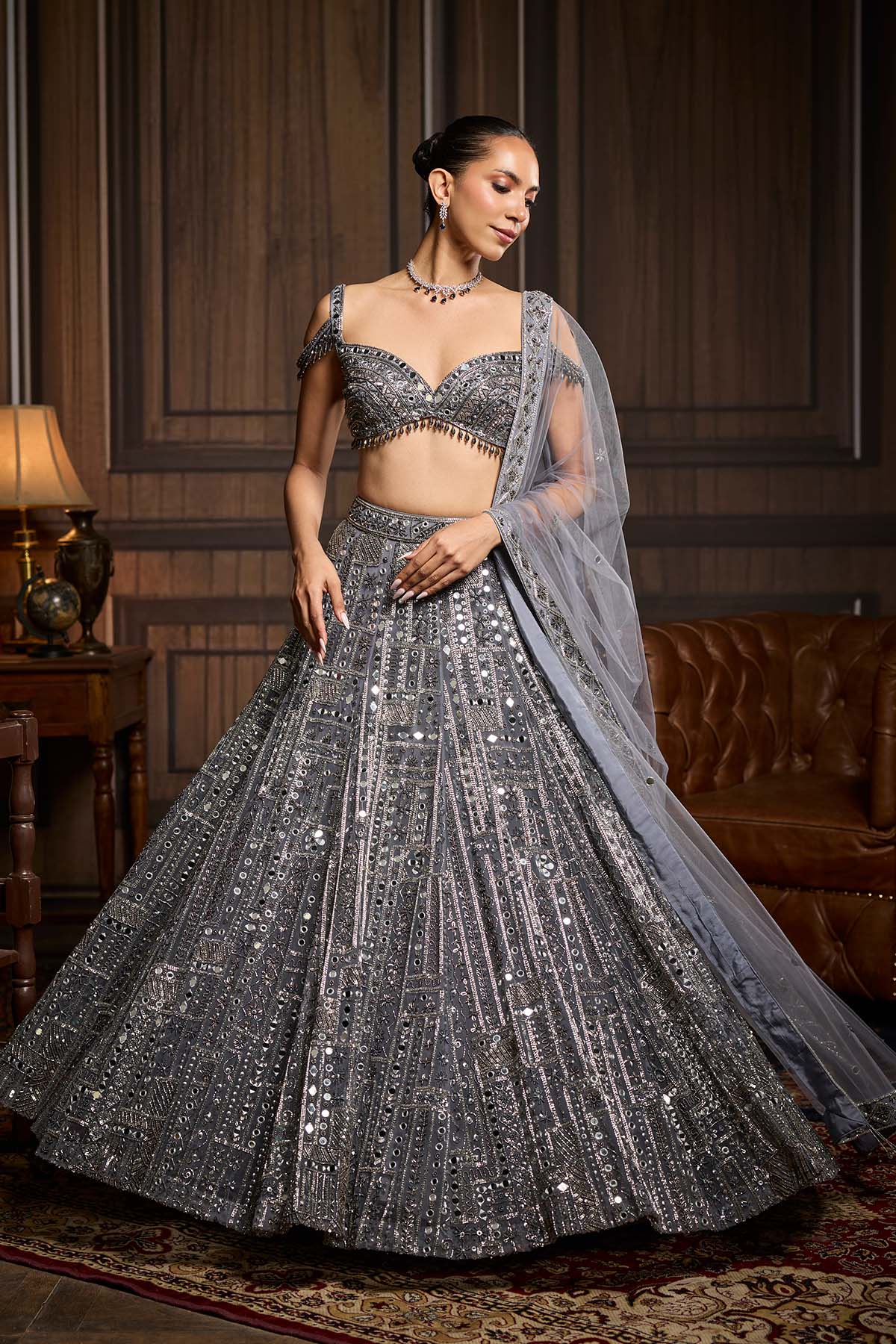 Gunmetal Embellished Mirrorwork Lehenga Set