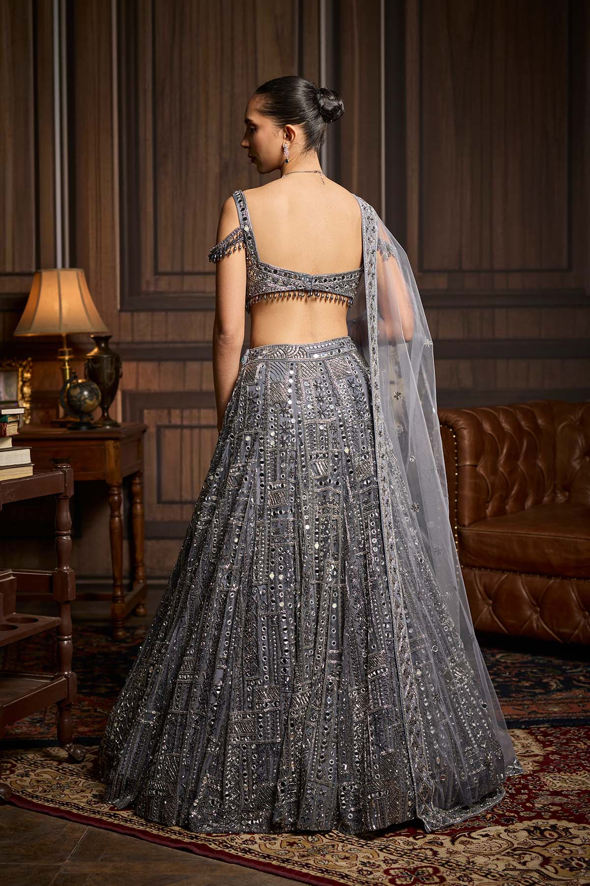 Gunmetal Embellished Mirrorwork Lehenga Set