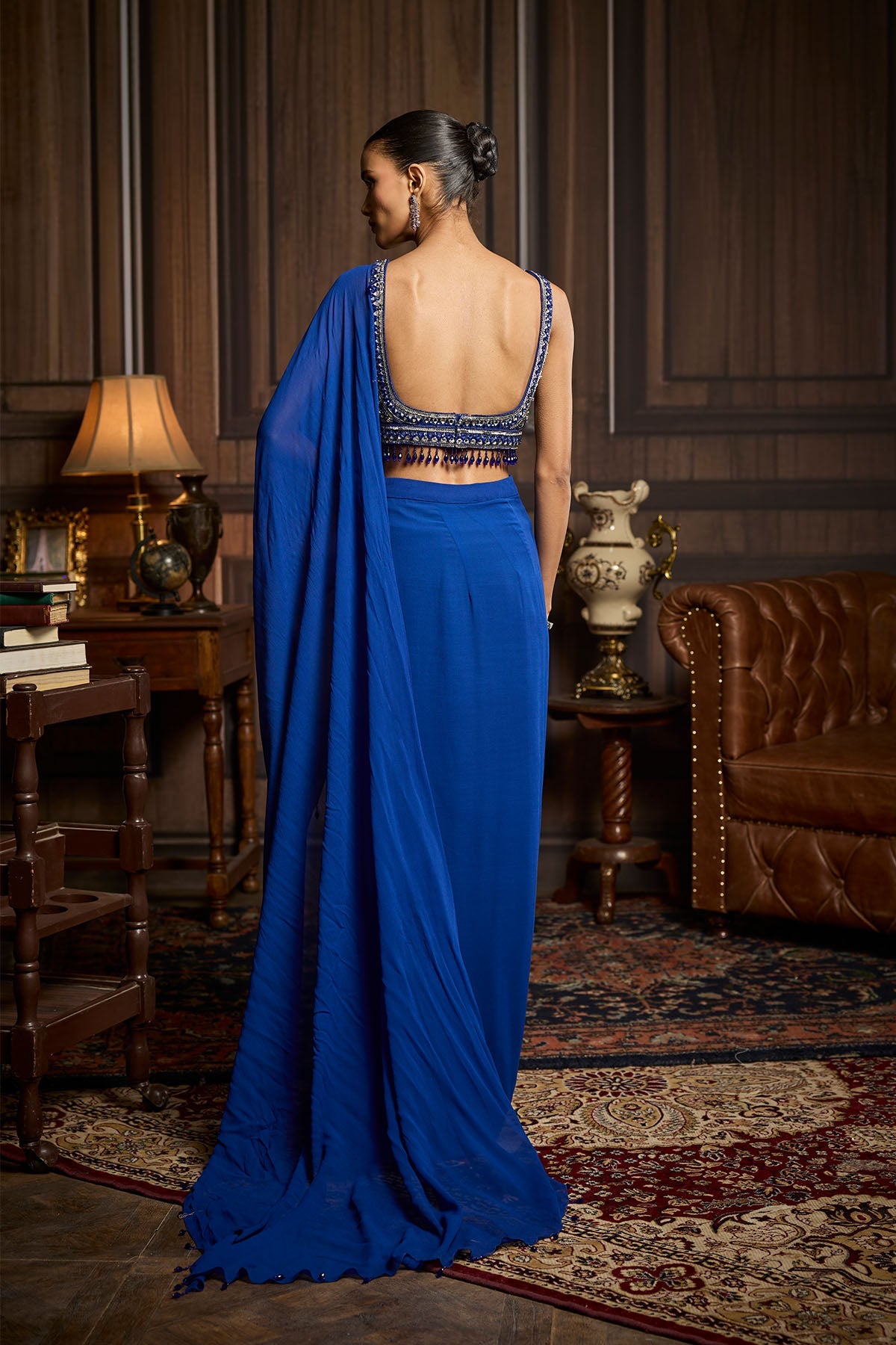 Electric Blue Embellished Blouse And Pre-Draped Dhoti Saree Set