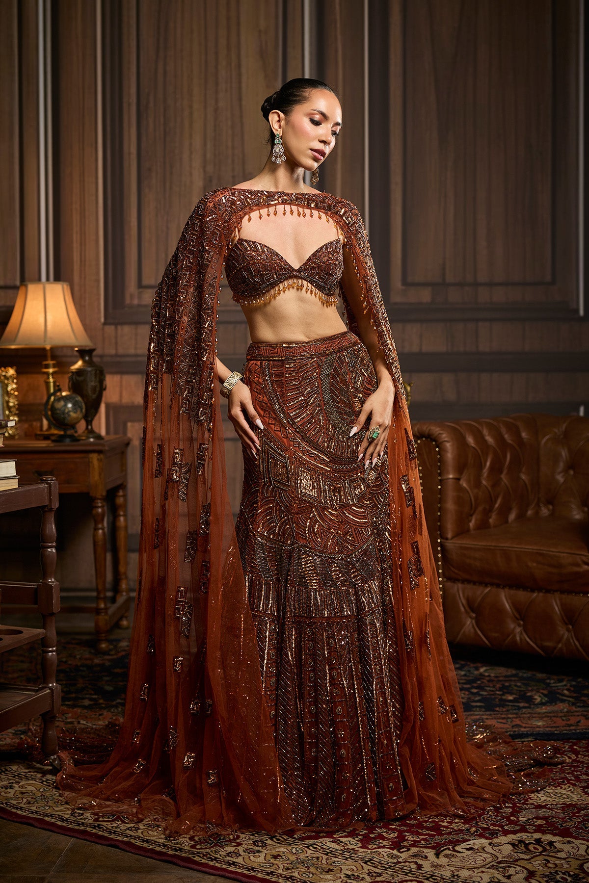 Caramel Brown Fully Embroidered Mermaid Trailskirt Saree Set