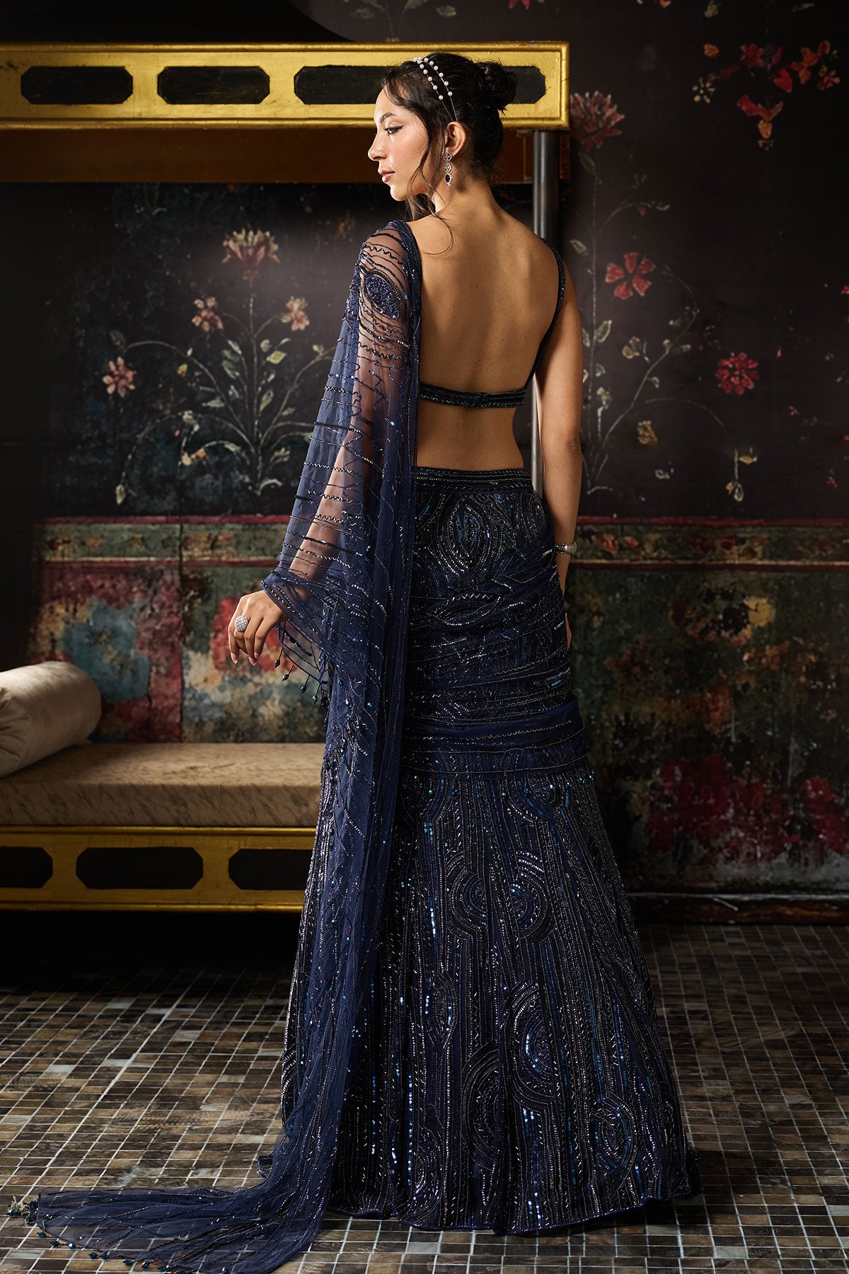 Midnight Blue Embellished Mermaid Skirt Saree Set
