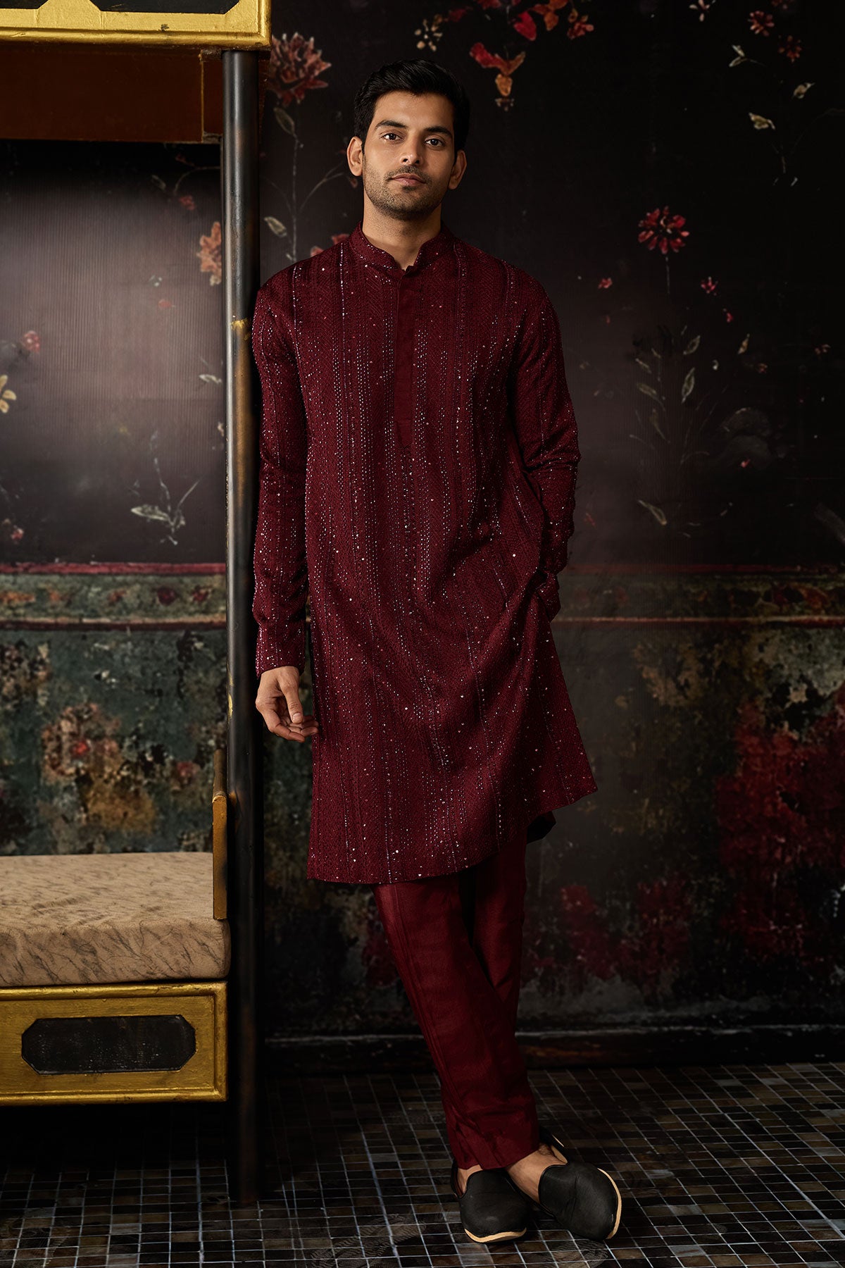 Maroon Heavy Embroidered Kurta & Pants