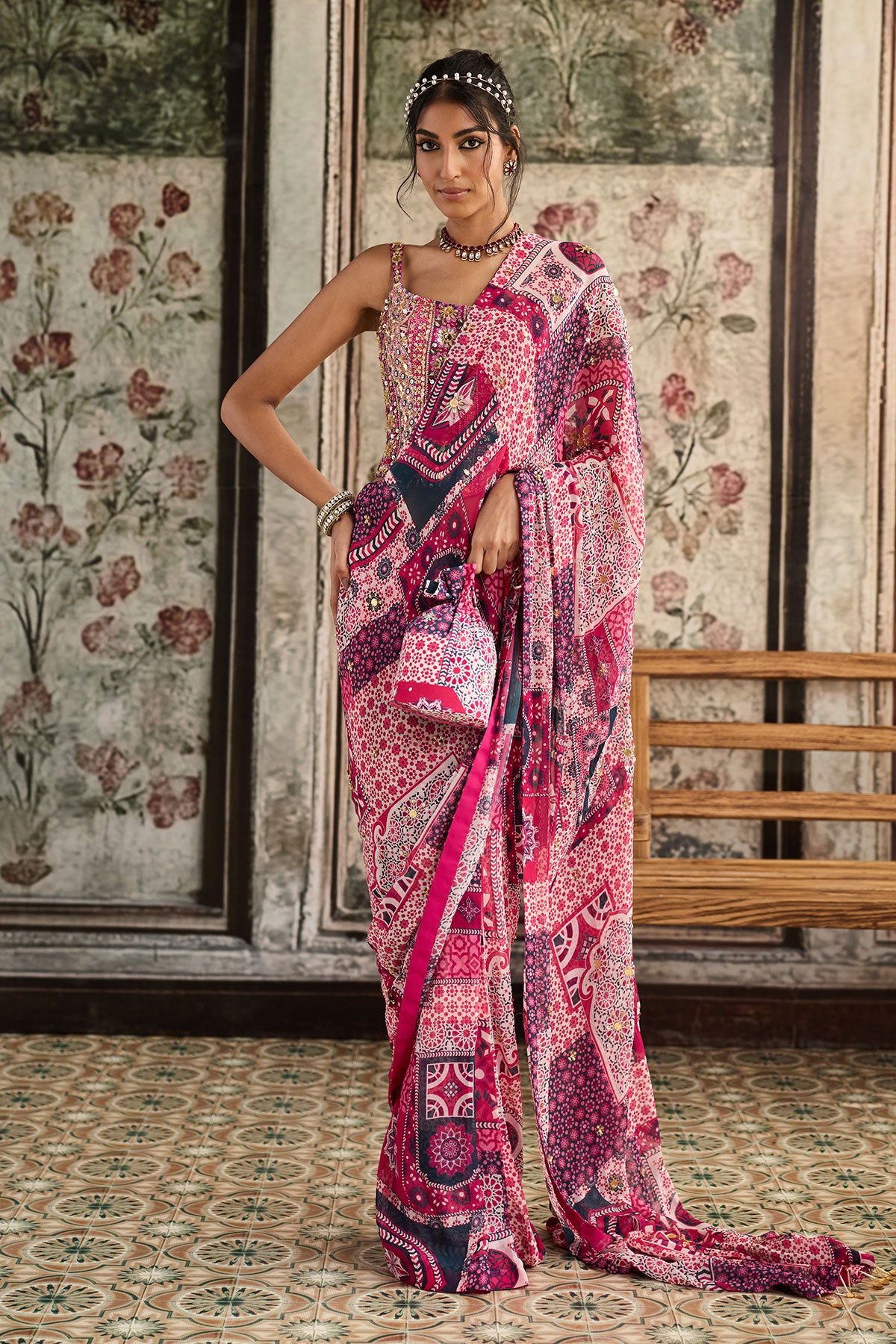 Fuschia Print And Highlighted Corset Blouse Paired With Pre-Draped Classic Saree Set