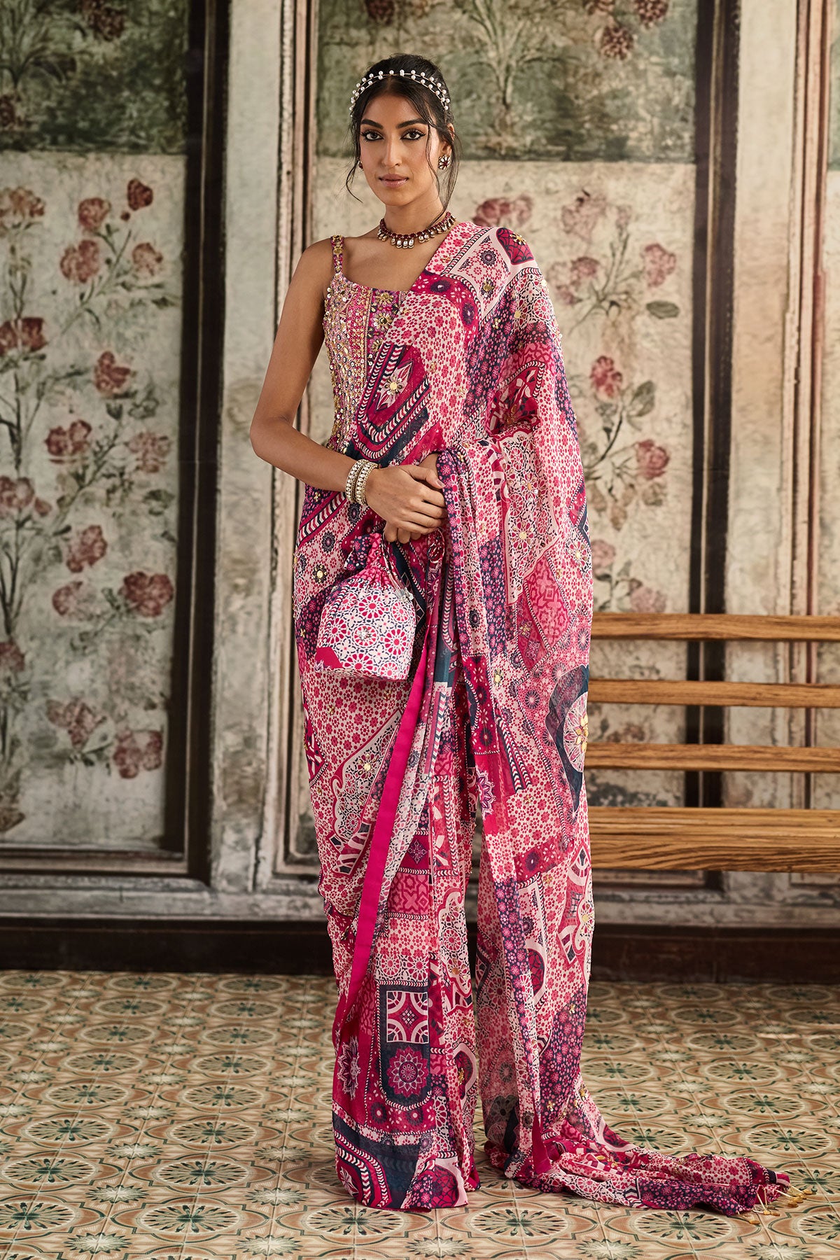 Fuschia Print And Highlighted Corset Blouse Paired With Pre-Draped Classic Saree Set