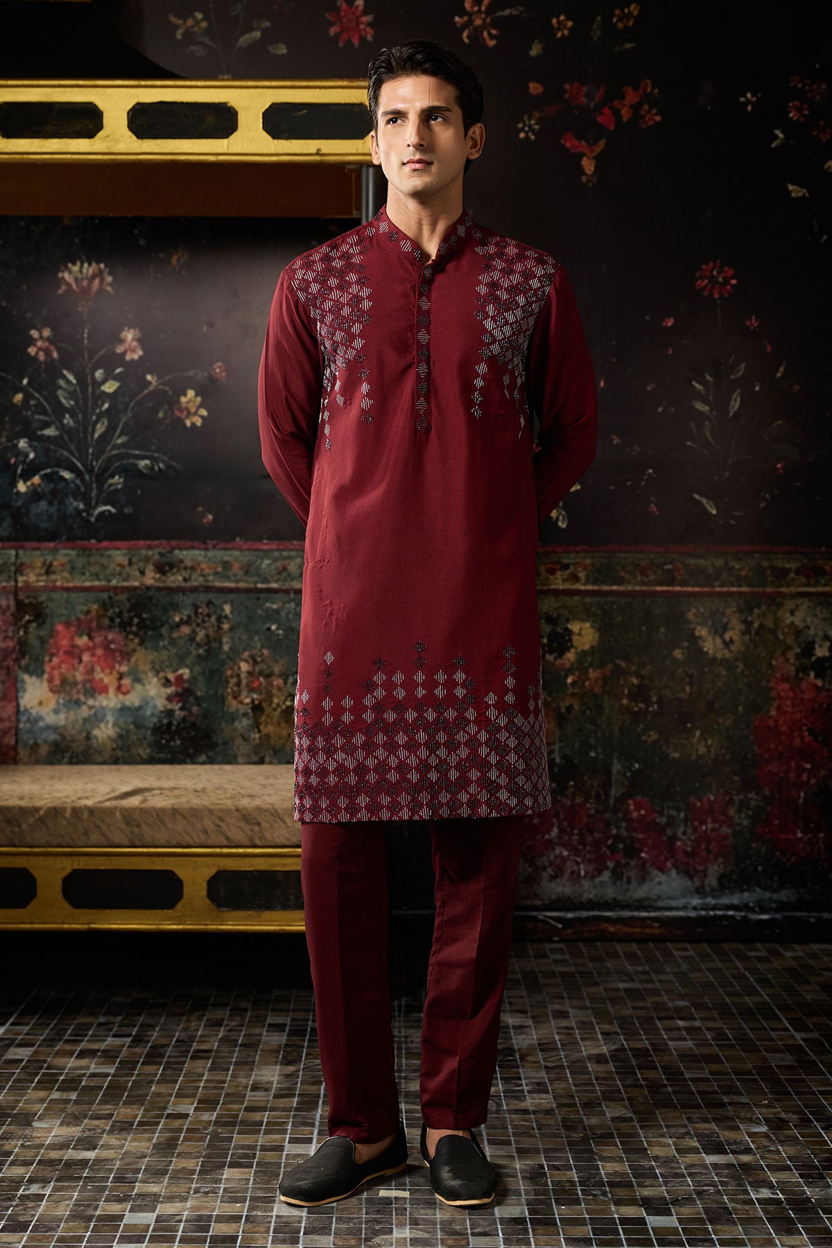 Maroon Embroidered Kurta & Pants