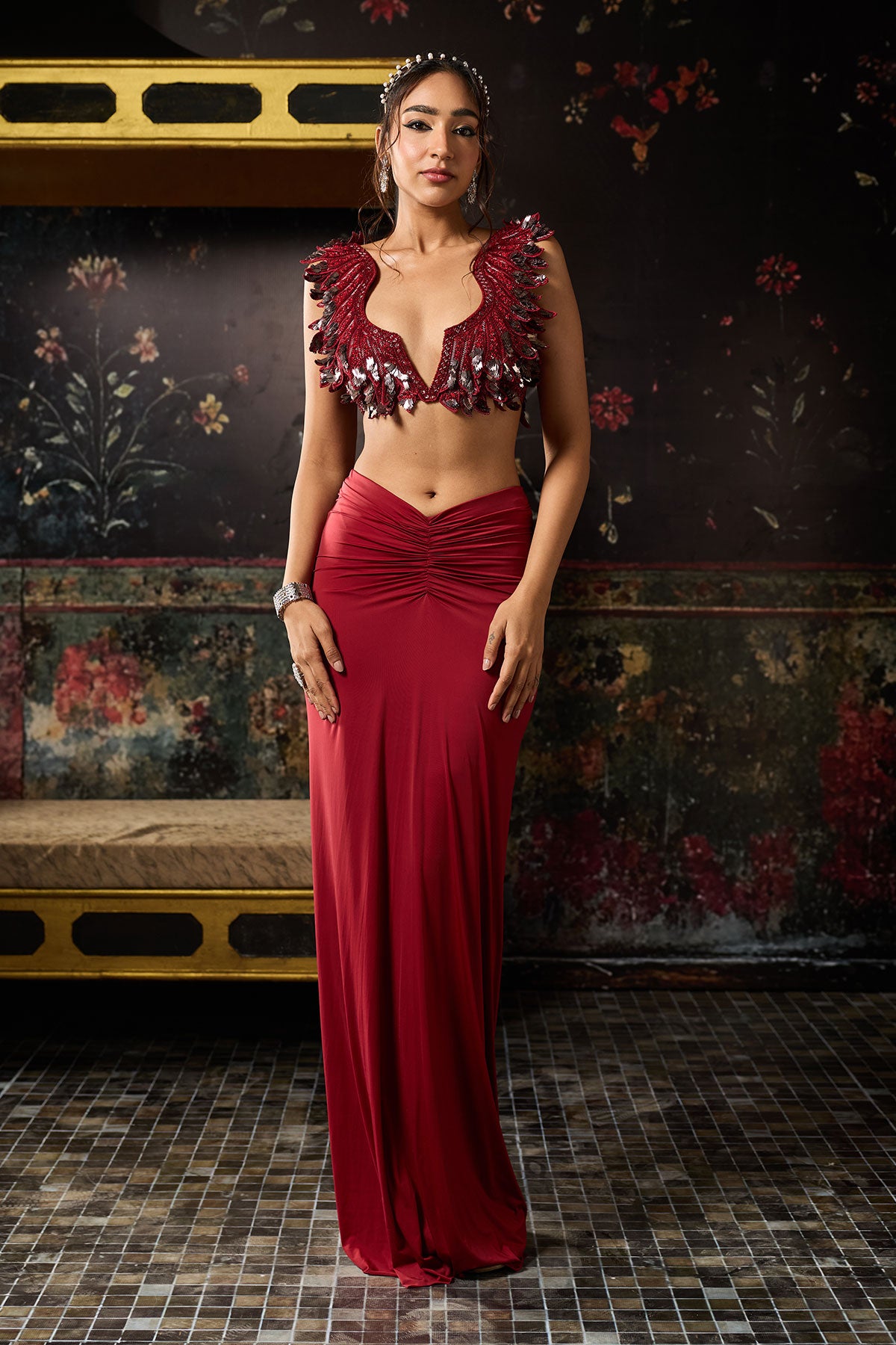 Deep Red Cutwork Blouse With Draped Skirt Set