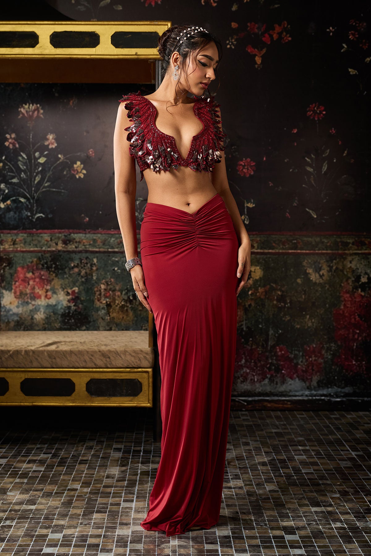 Deep Red Cutwork Blouse With Draped Skirt Set