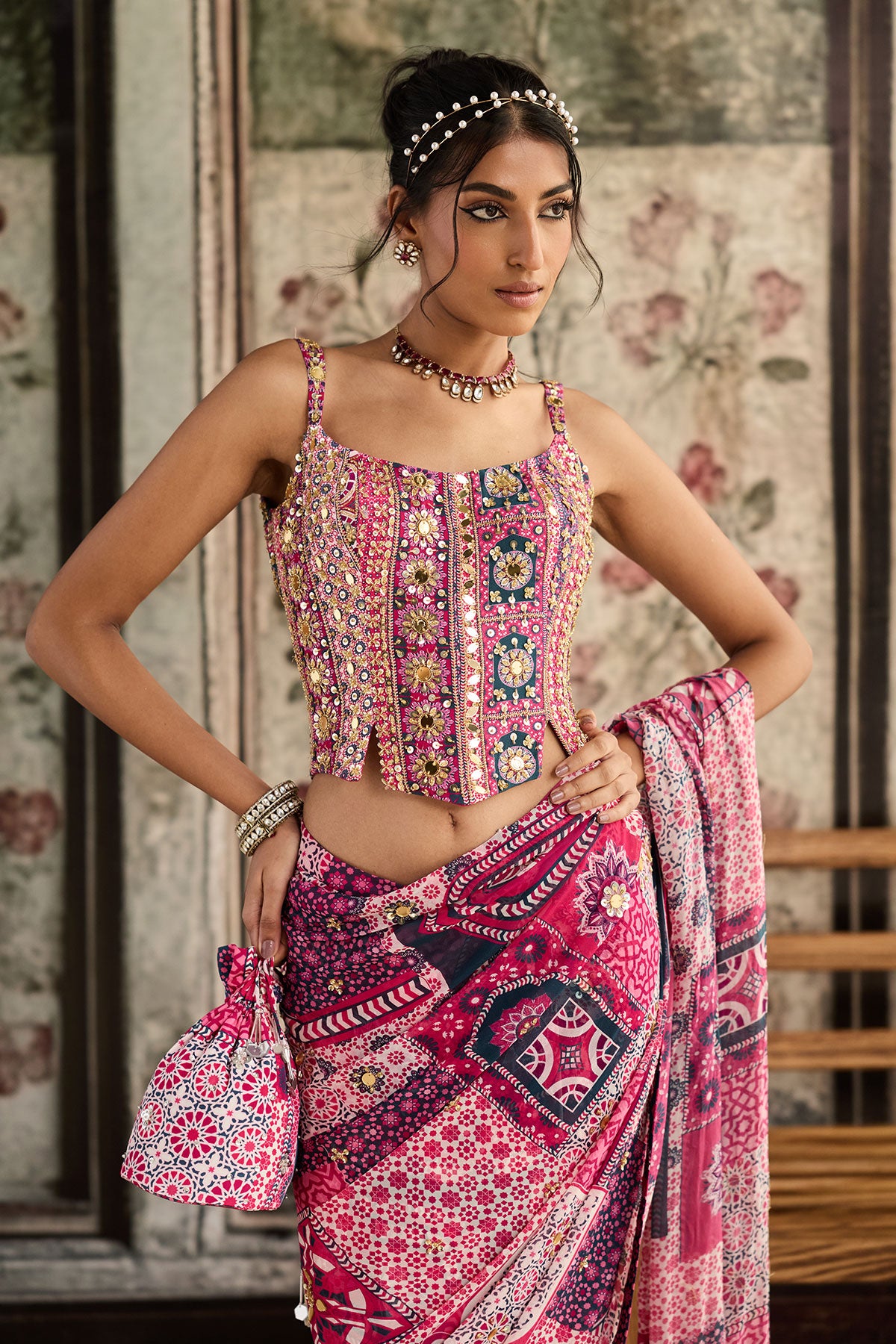Fuschia Print And Highlighted Corset Blouse Paired With Pre-Draped Classic Saree Set