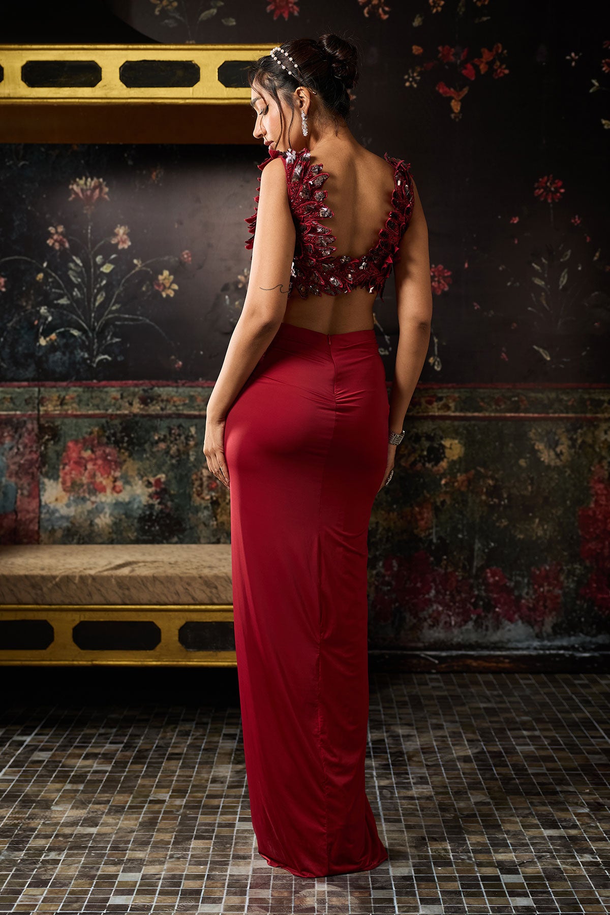 Deep Red Cutwork Blouse With Draped Skirt Set