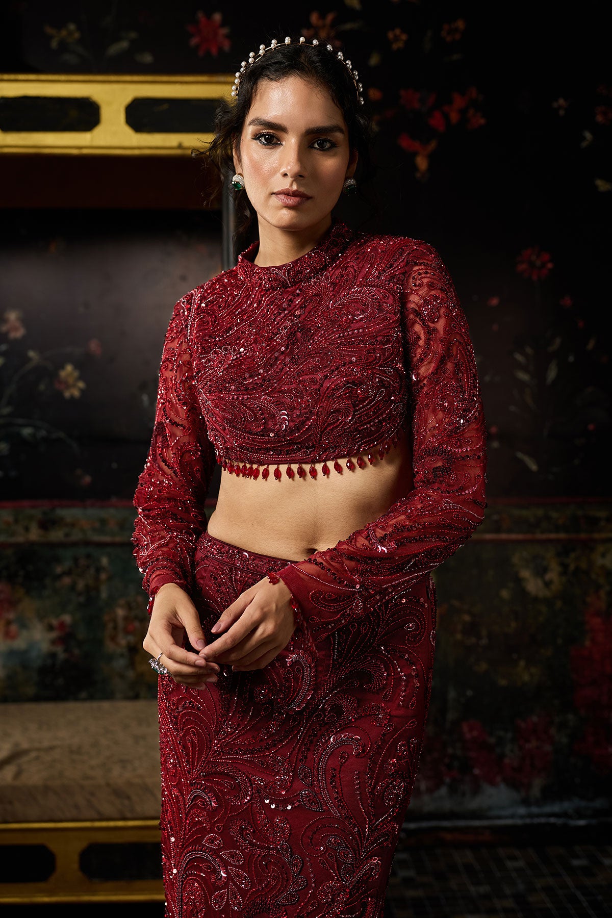 Malika Arora in Maroon Embellished Trail Skirt Set