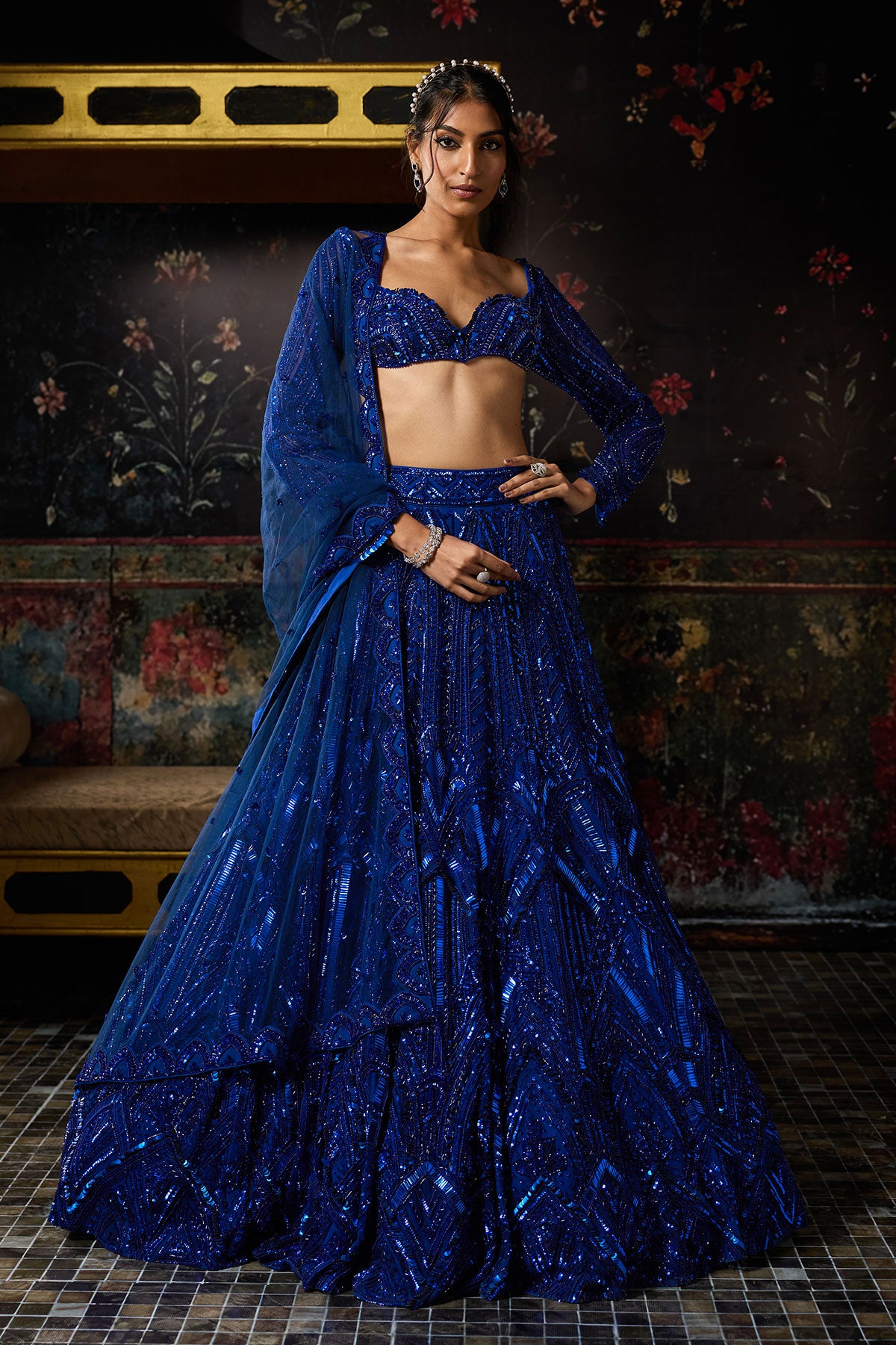 Electric Blue 3D Arc Embellished Lehenga Set