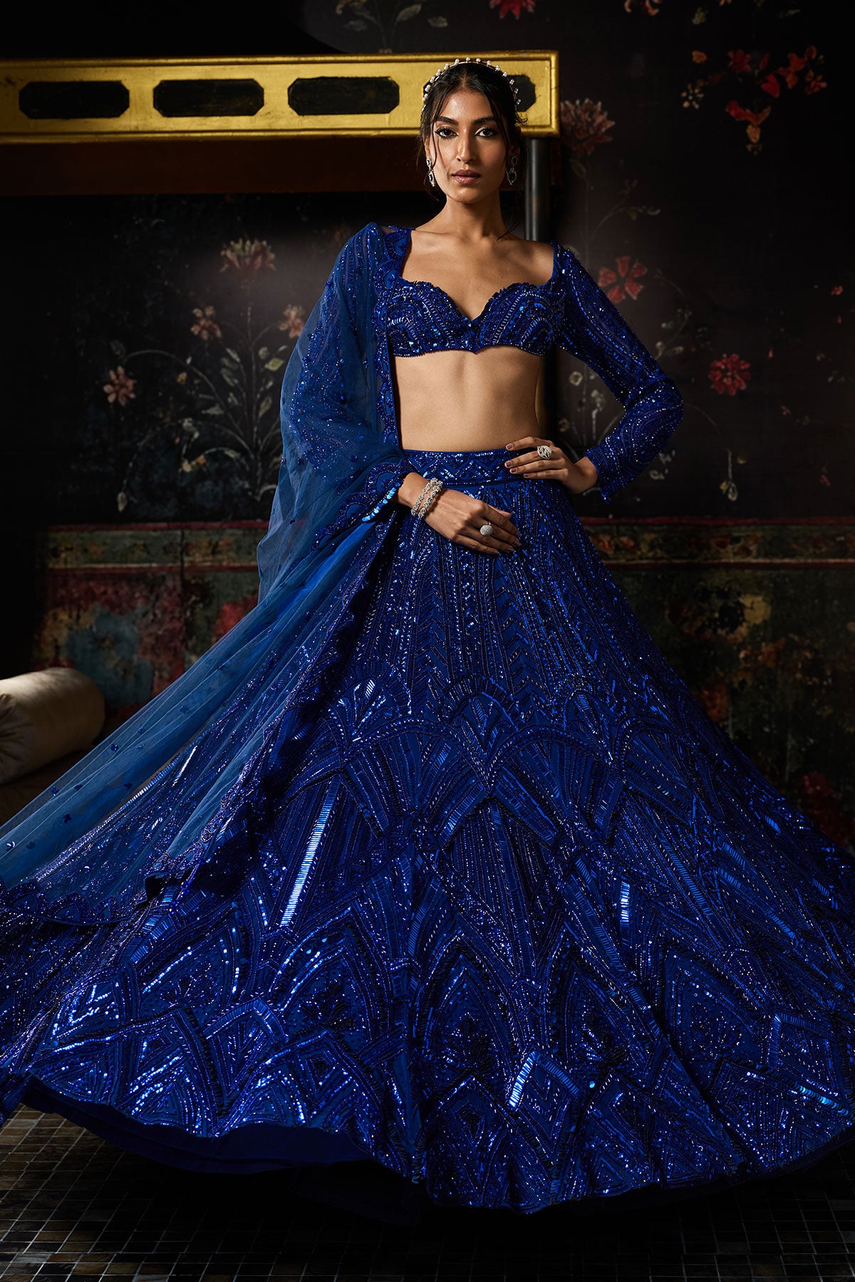 Electric Blue 3D Arc Embellished Lehenga Set