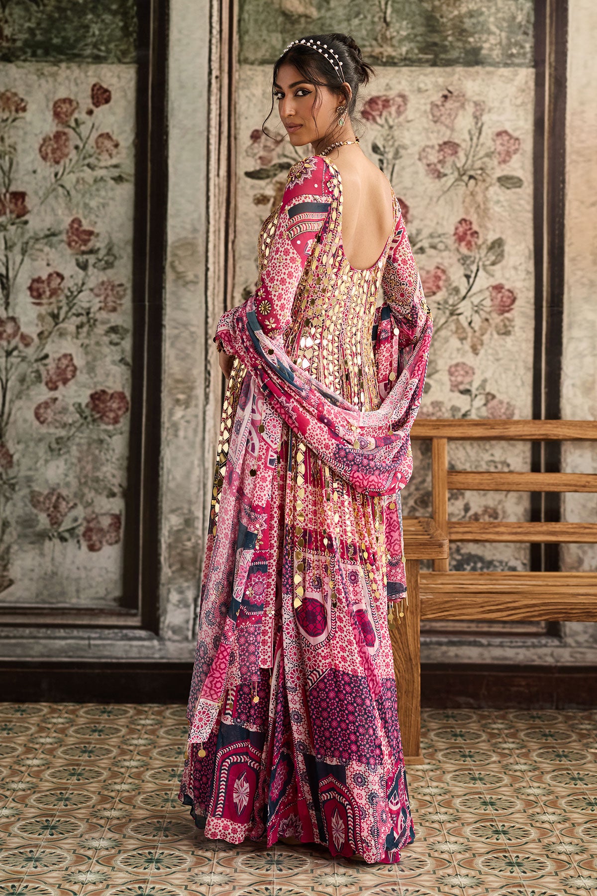 Fuschia Print And Highlighted Anarkali Set