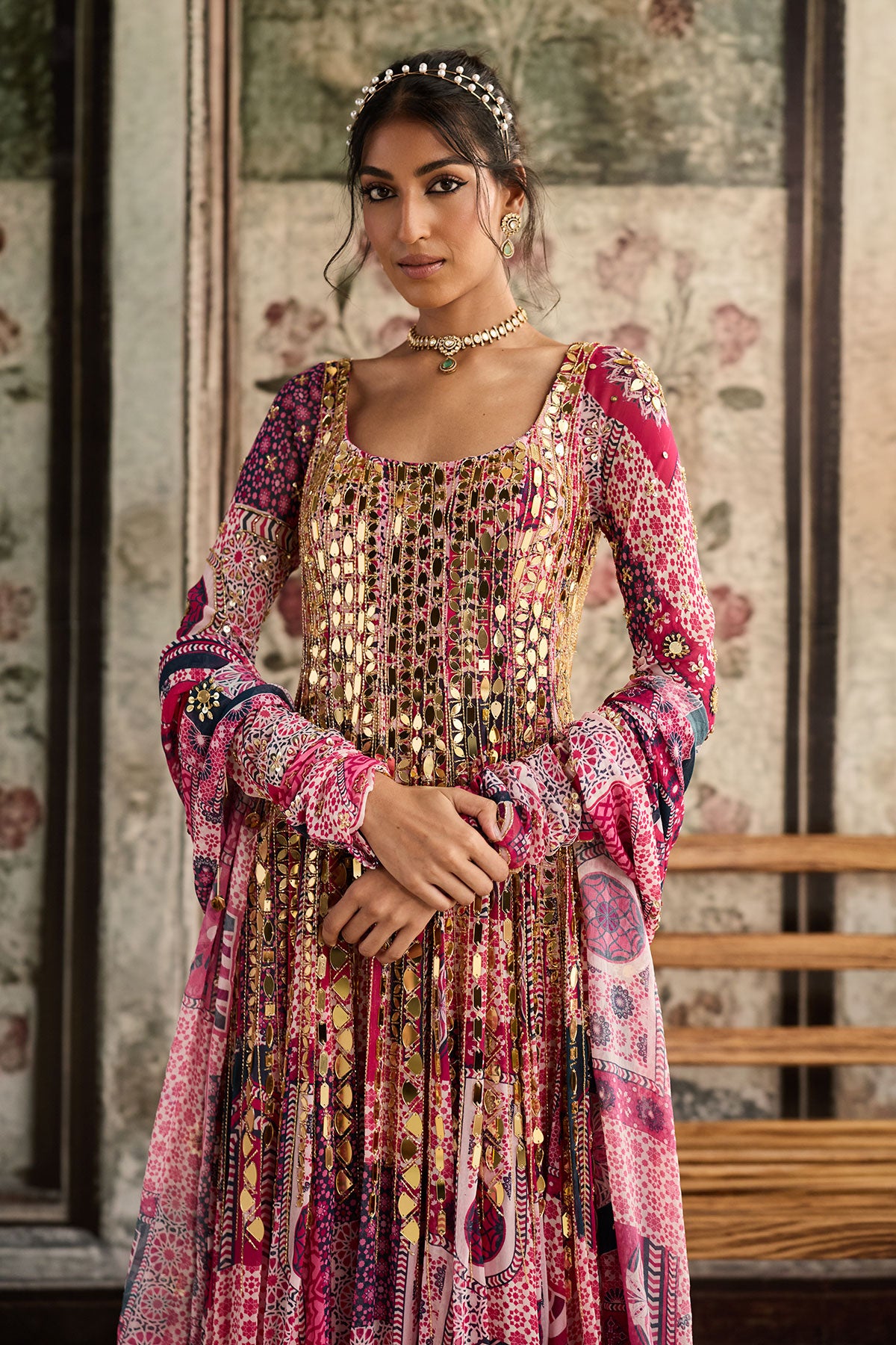 Fuschia Print And Highlighted Anarkali Set