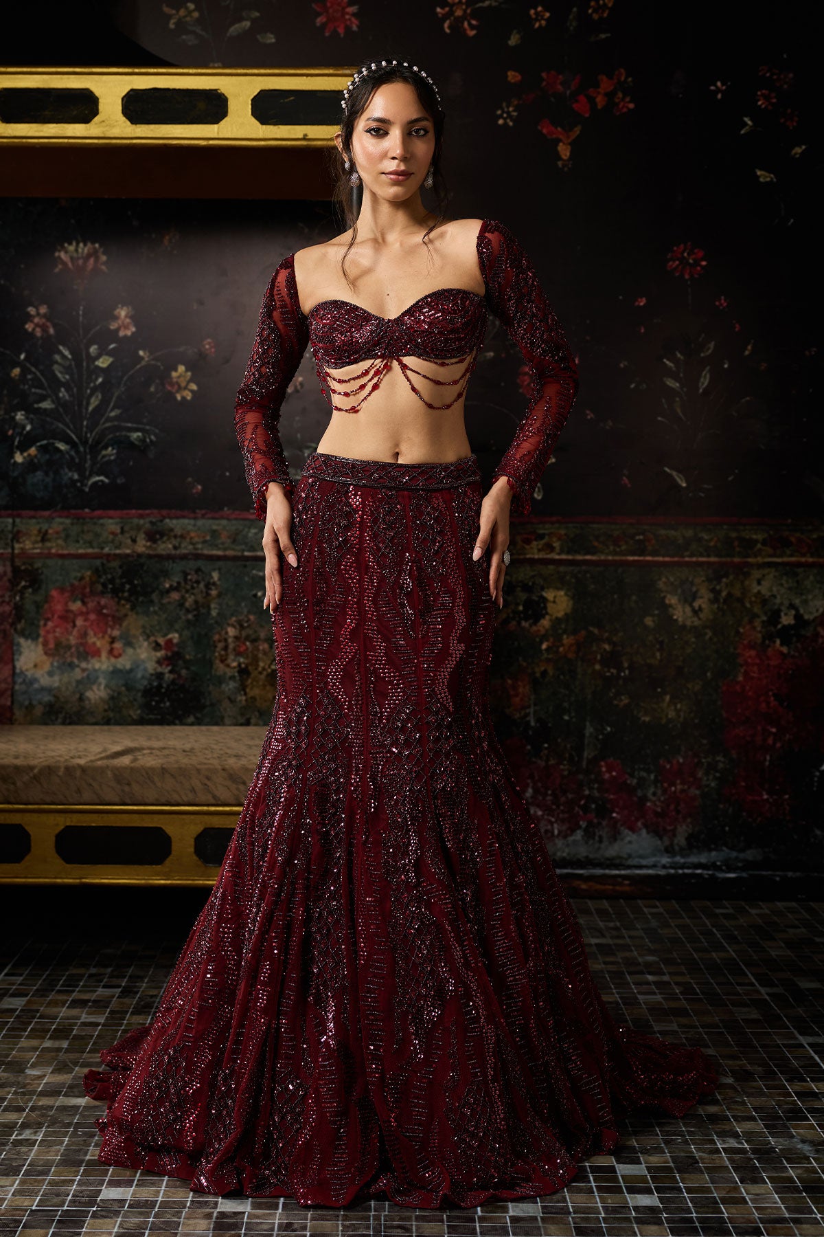 Maroon Embellished Mermaid Lehenag Set