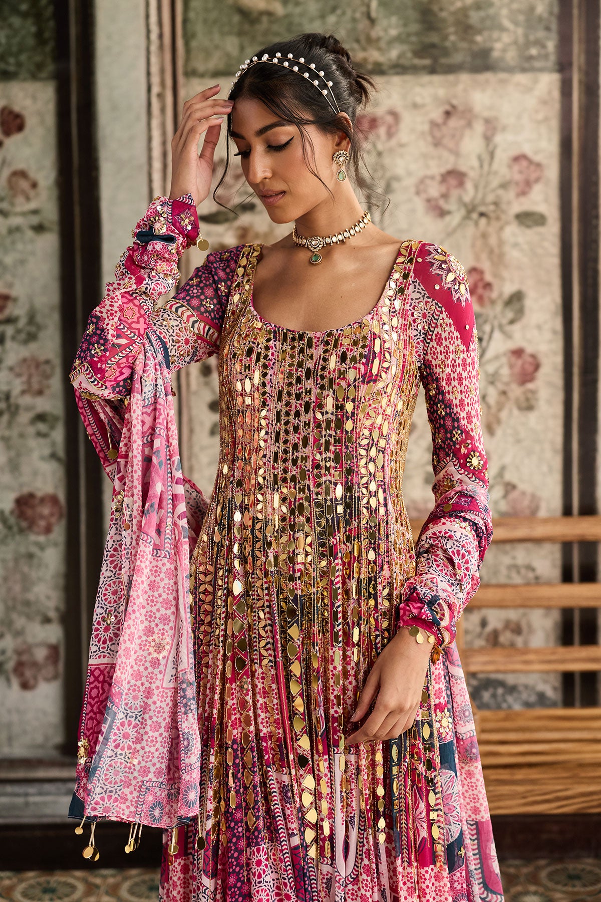 Fuschia Print And Highlighted Anarkali Set