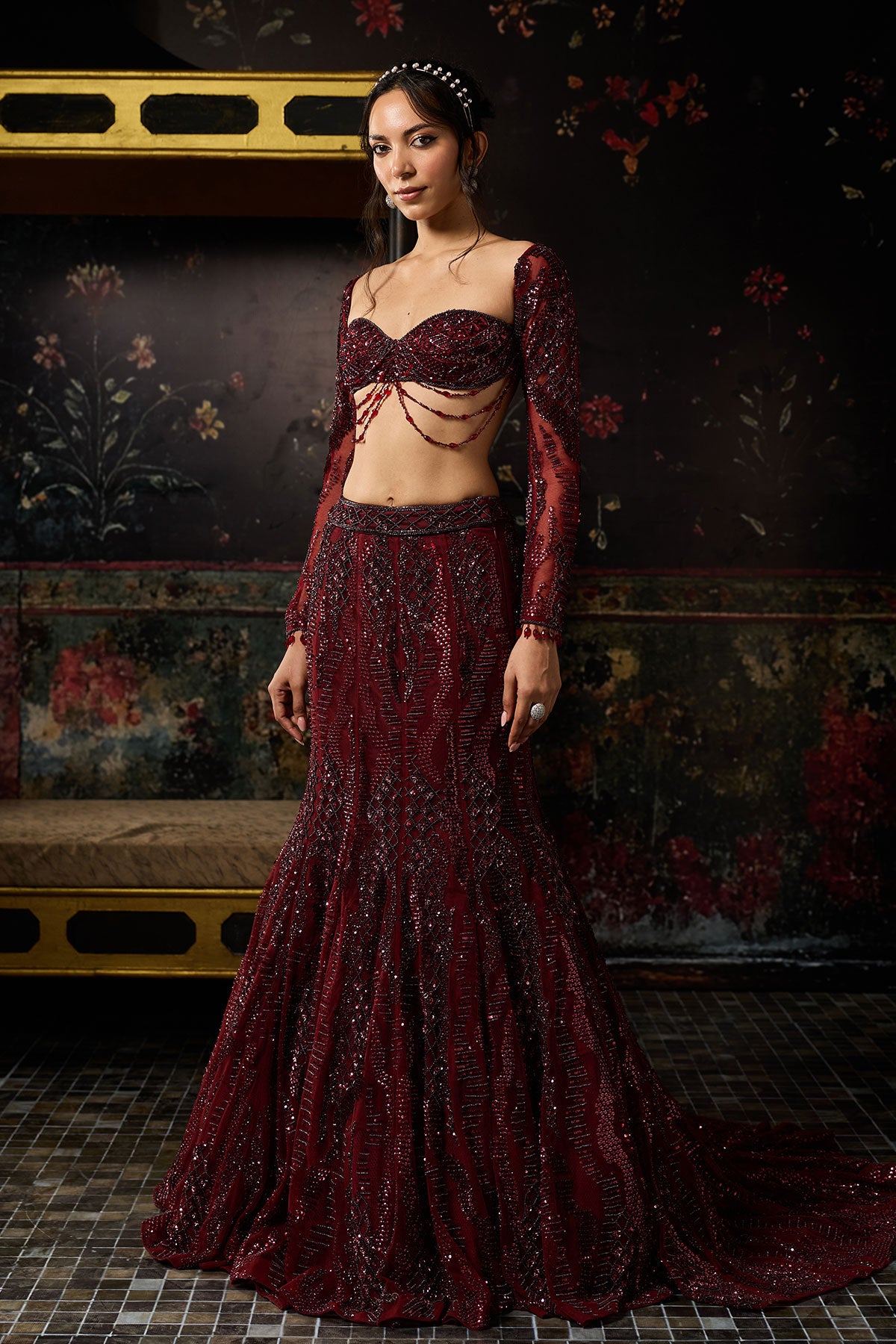 Maroon Embellished Mermaid Lehenag Set