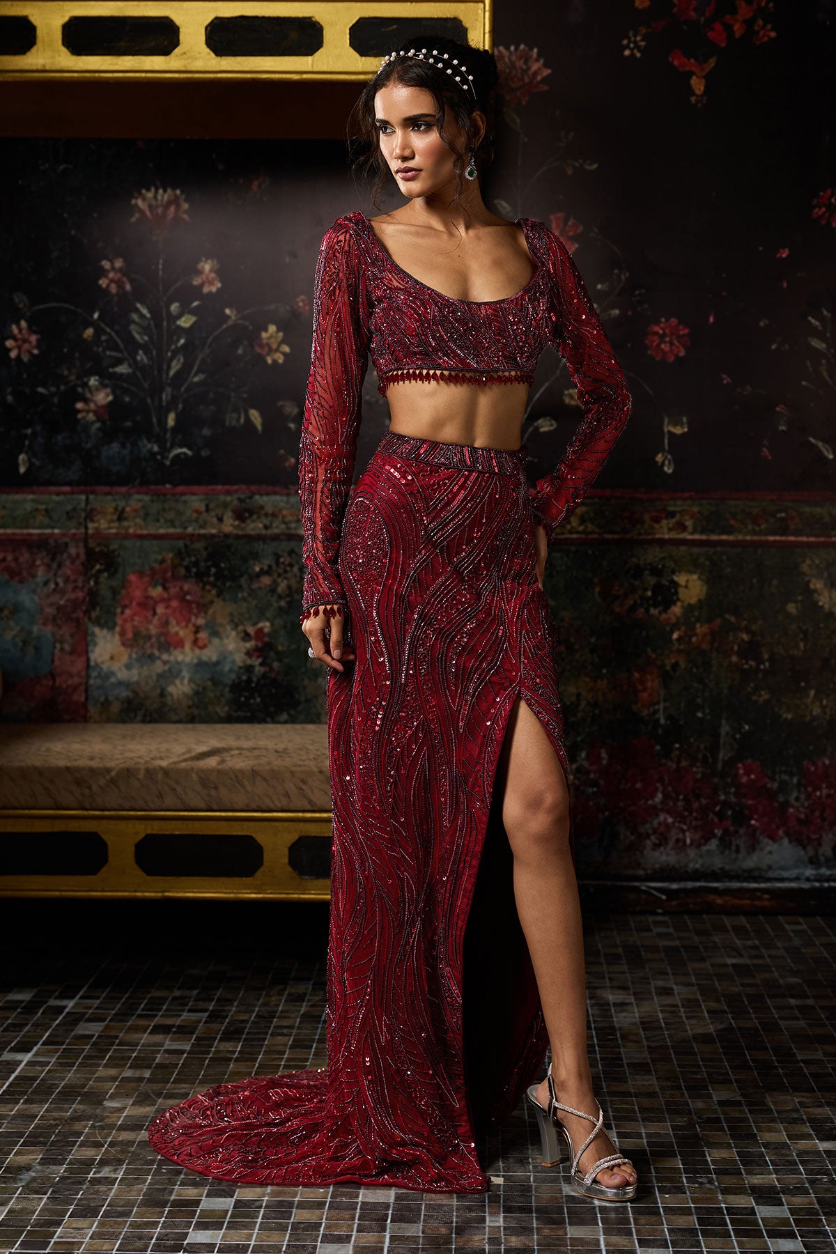 Maroon Embellished Trail Slit Skirt Set