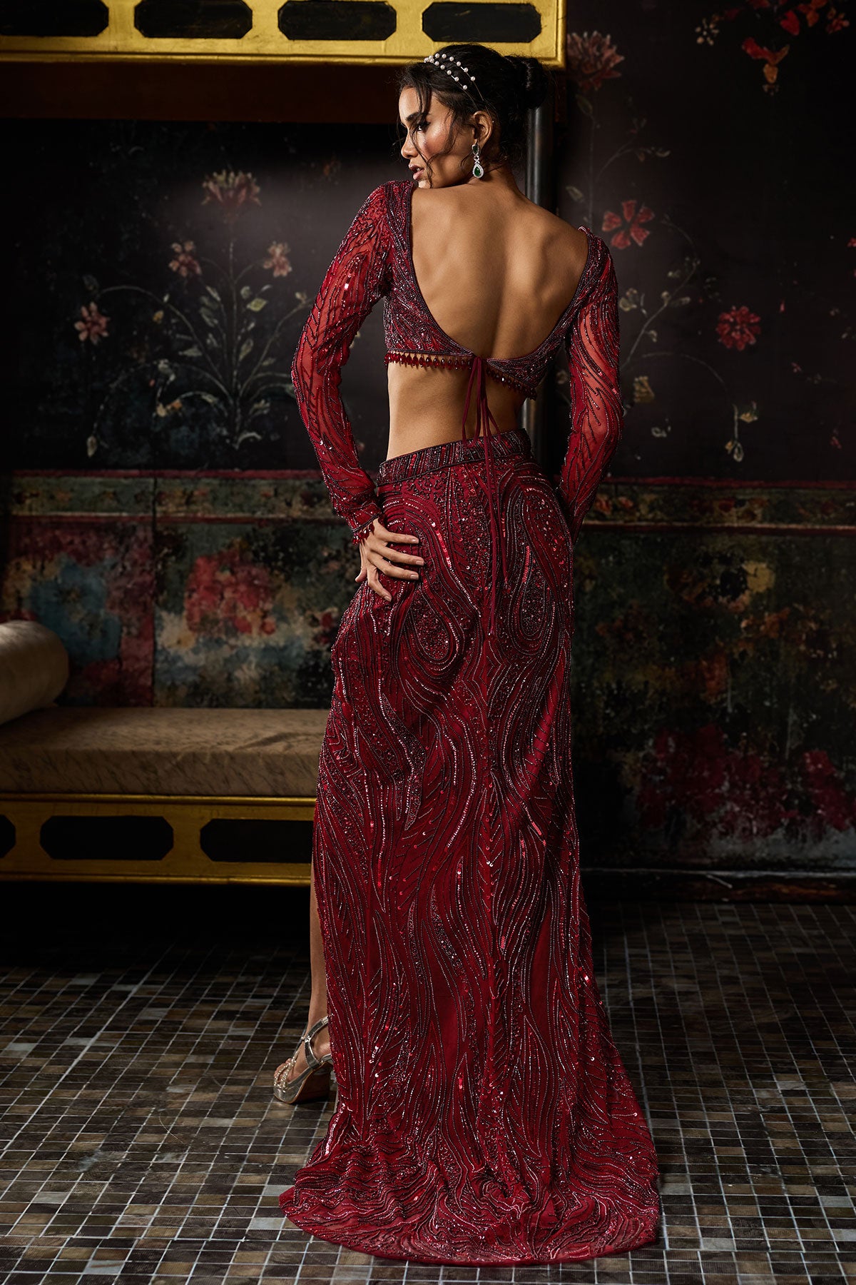Maroon Embellished Trail Slit Skirt Set