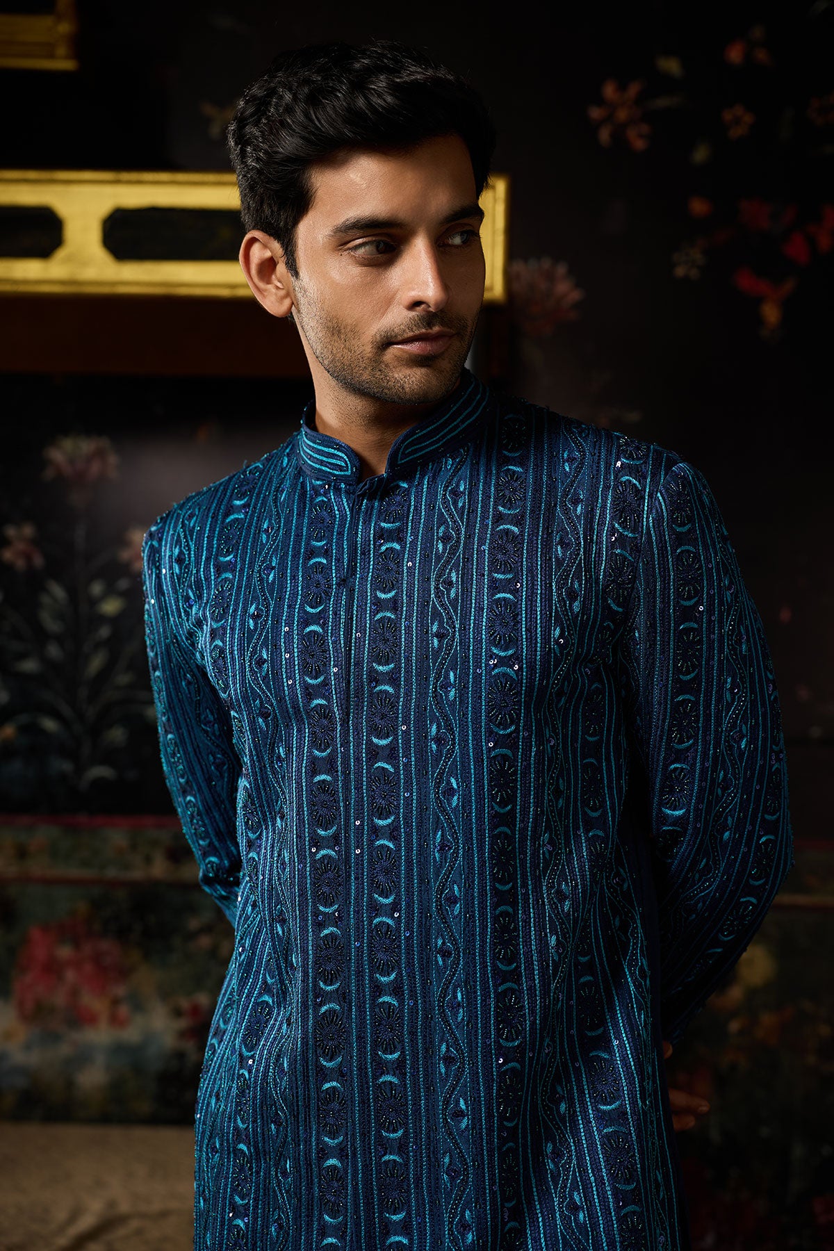 Blue Embroidered Jacket Set With Blue Pants