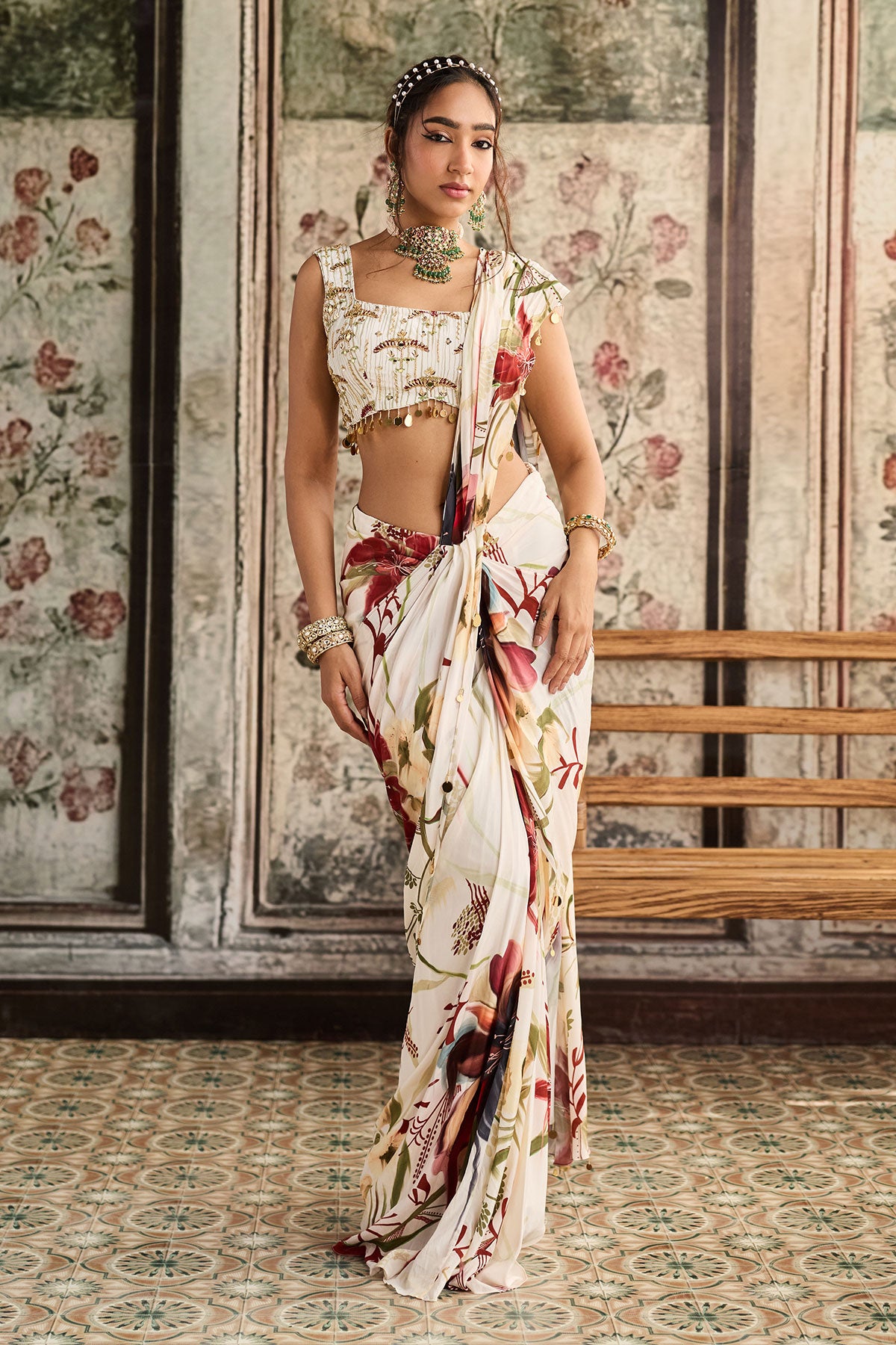Ivory Floral Printed Skirt Saree Set