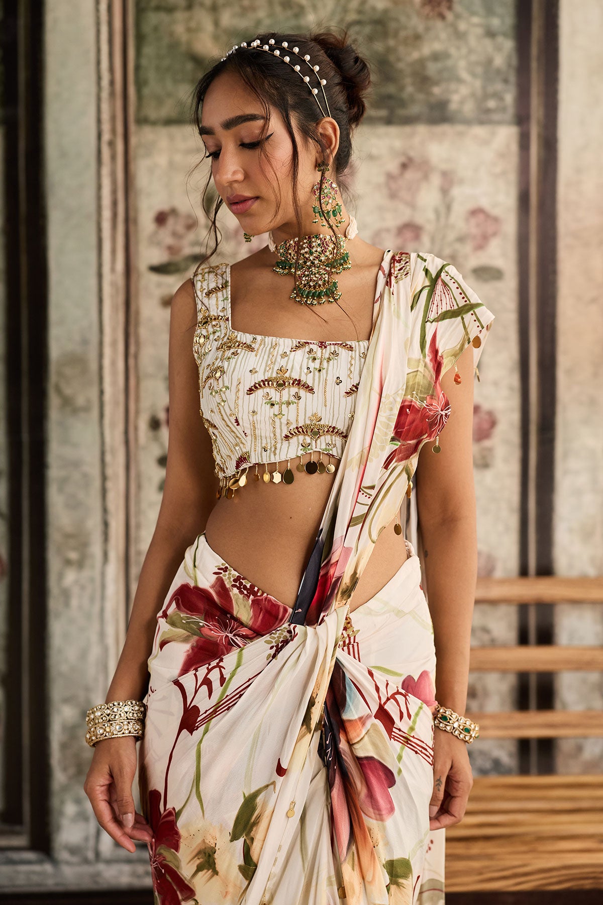 Ivory Floral Printed Skirt Saree Set