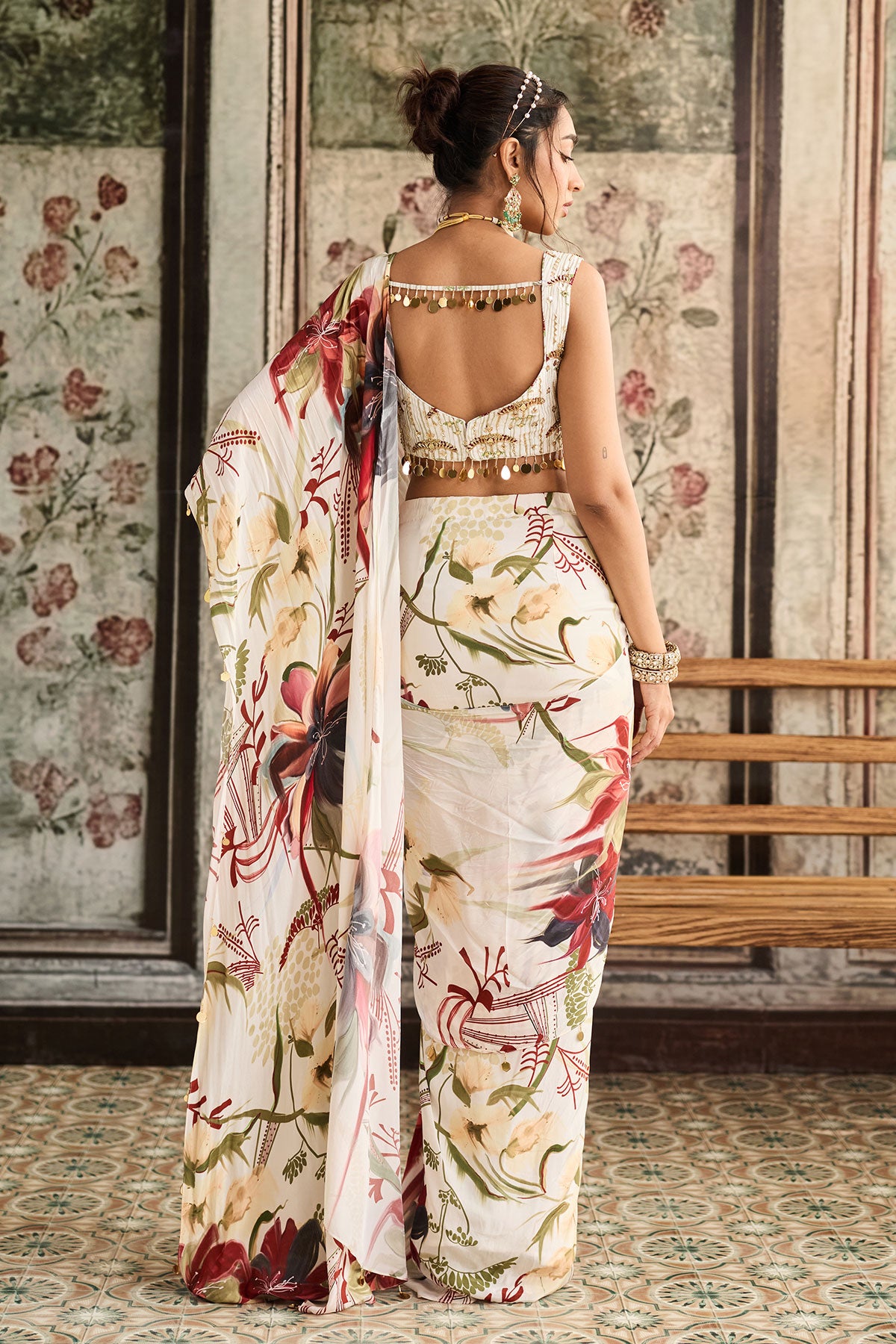Ivory Floral Printed Skirt Saree Set