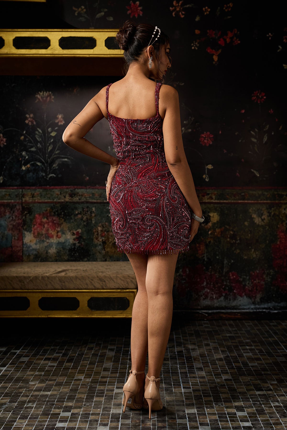 Maroon Embellished Mini Dress