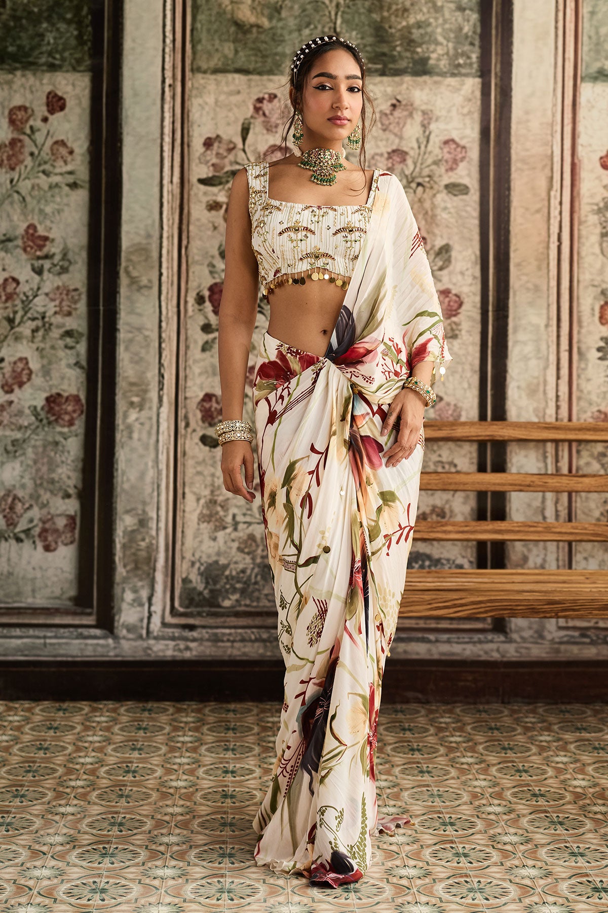 Ivory Floral Printed Skirt Saree Set