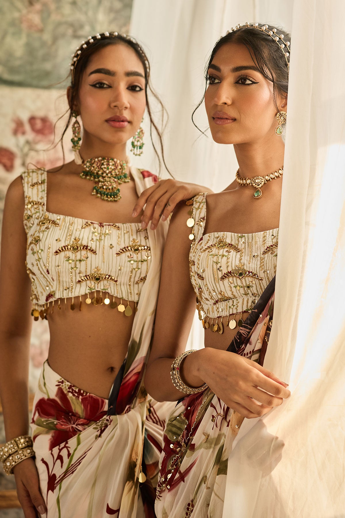 Ivory Floral Printed Skirt Saree Set