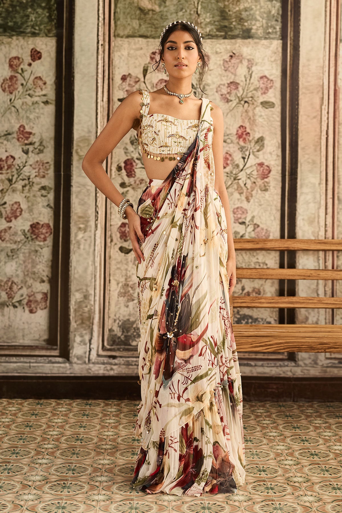 Ivory Floral Print And Highlighted Skirt Saree Set