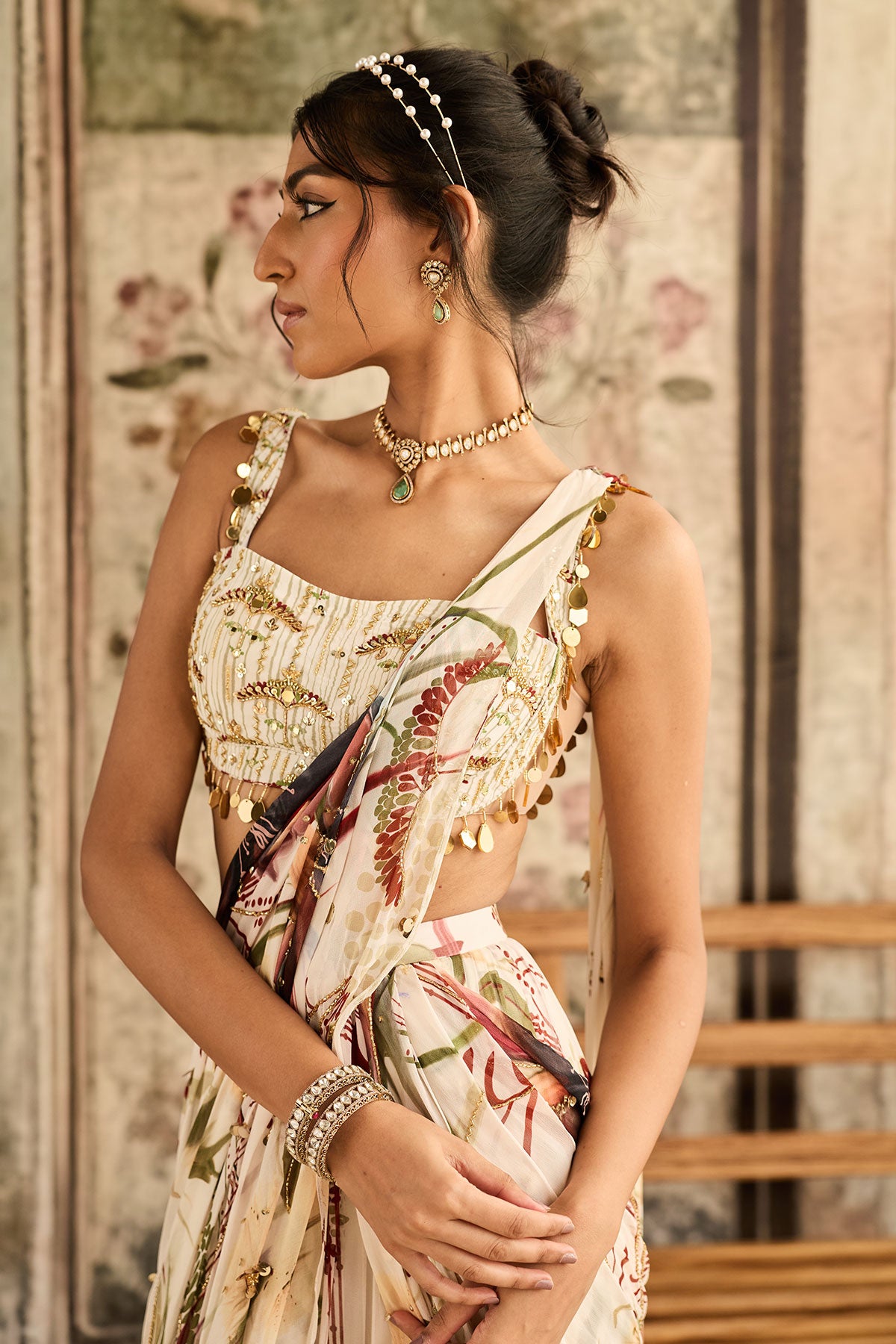 Anisha Sahni in Ivory Floral Print And Highlighted Skirt Saree Set