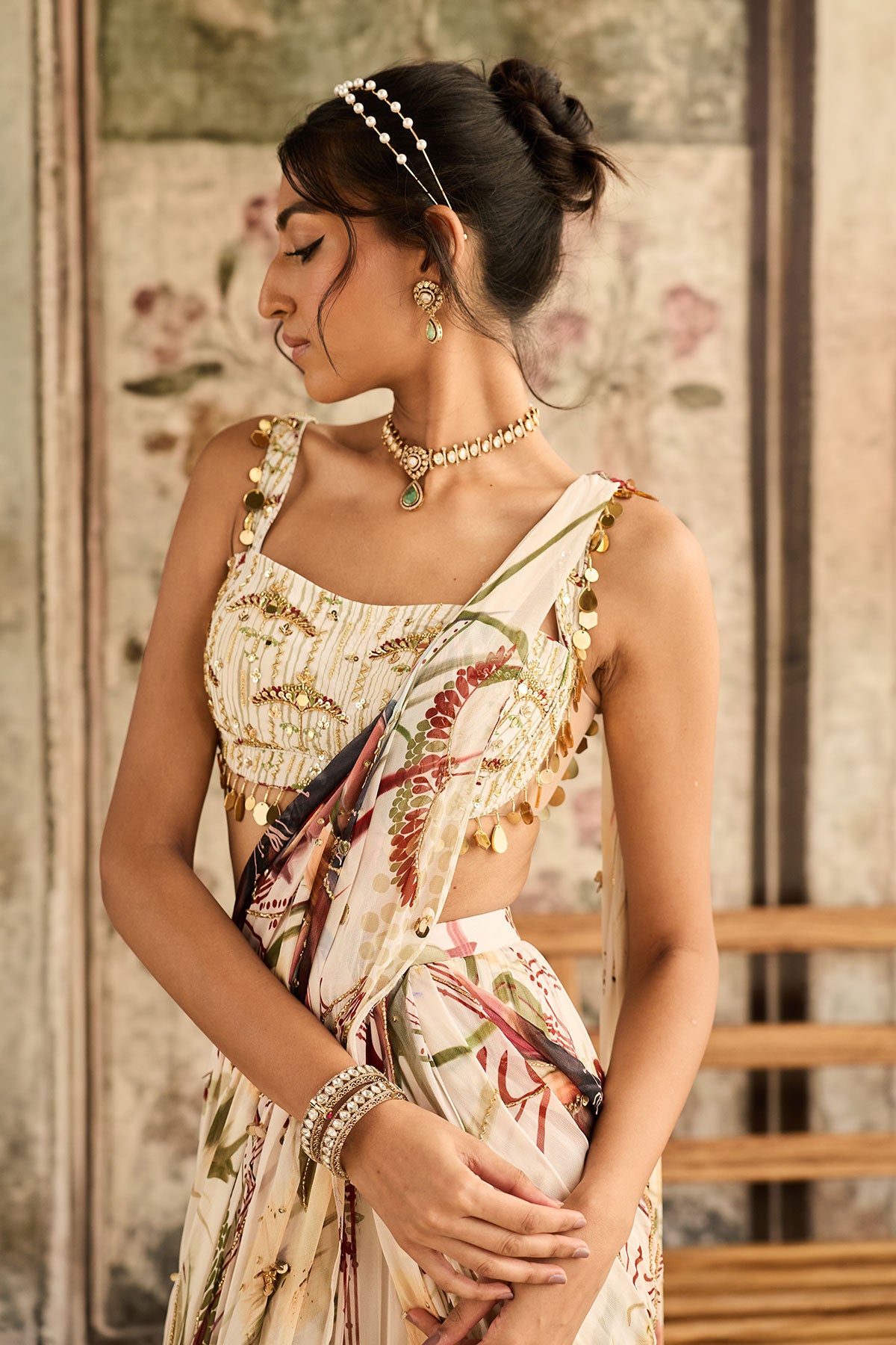 Anisha Sahni in Ivory Floral Print And Highlighted Skirt Saree Set