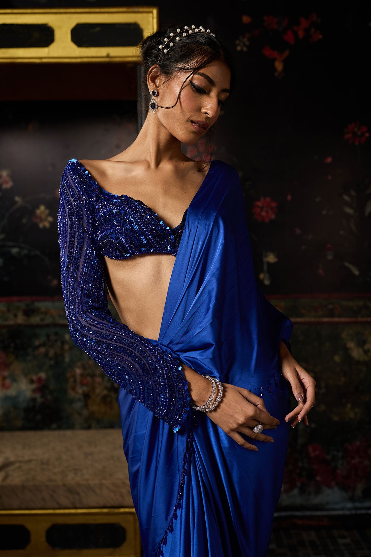 Electric Blue Embellished Dhoti Skirt Saree Set