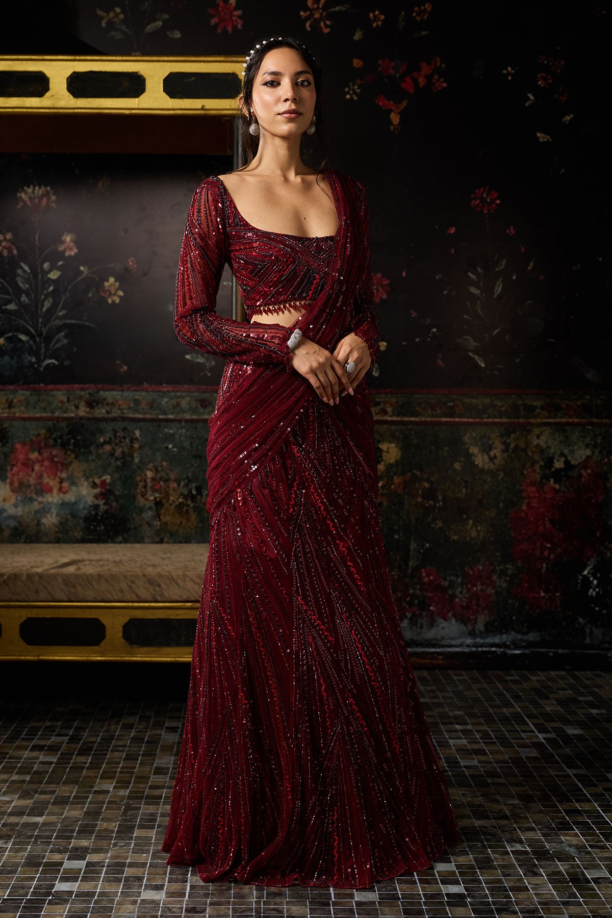 Maroon Embellished Mermaid Skirt Saree Set