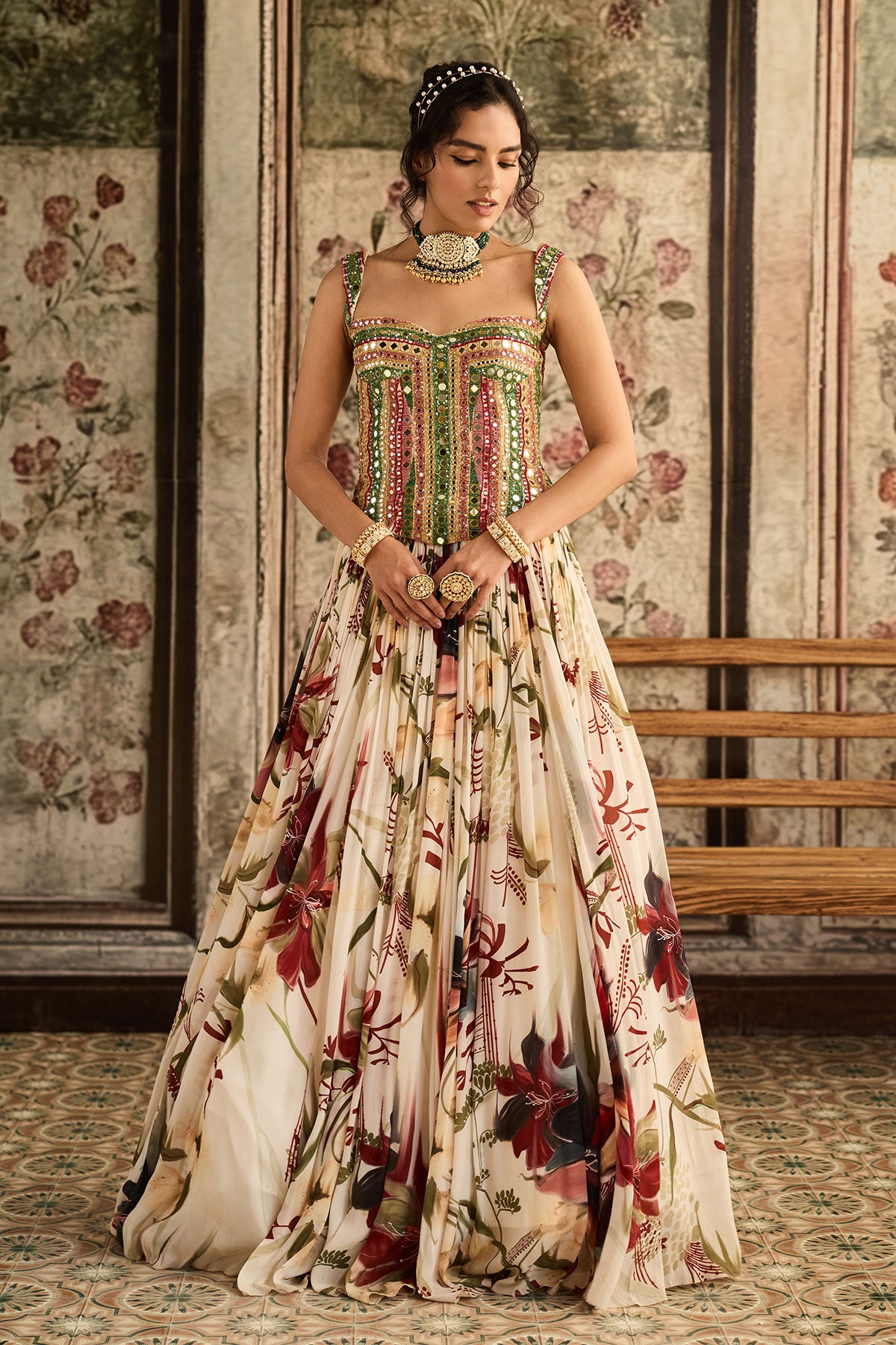 Ivory Floral Printed Lehenga Set